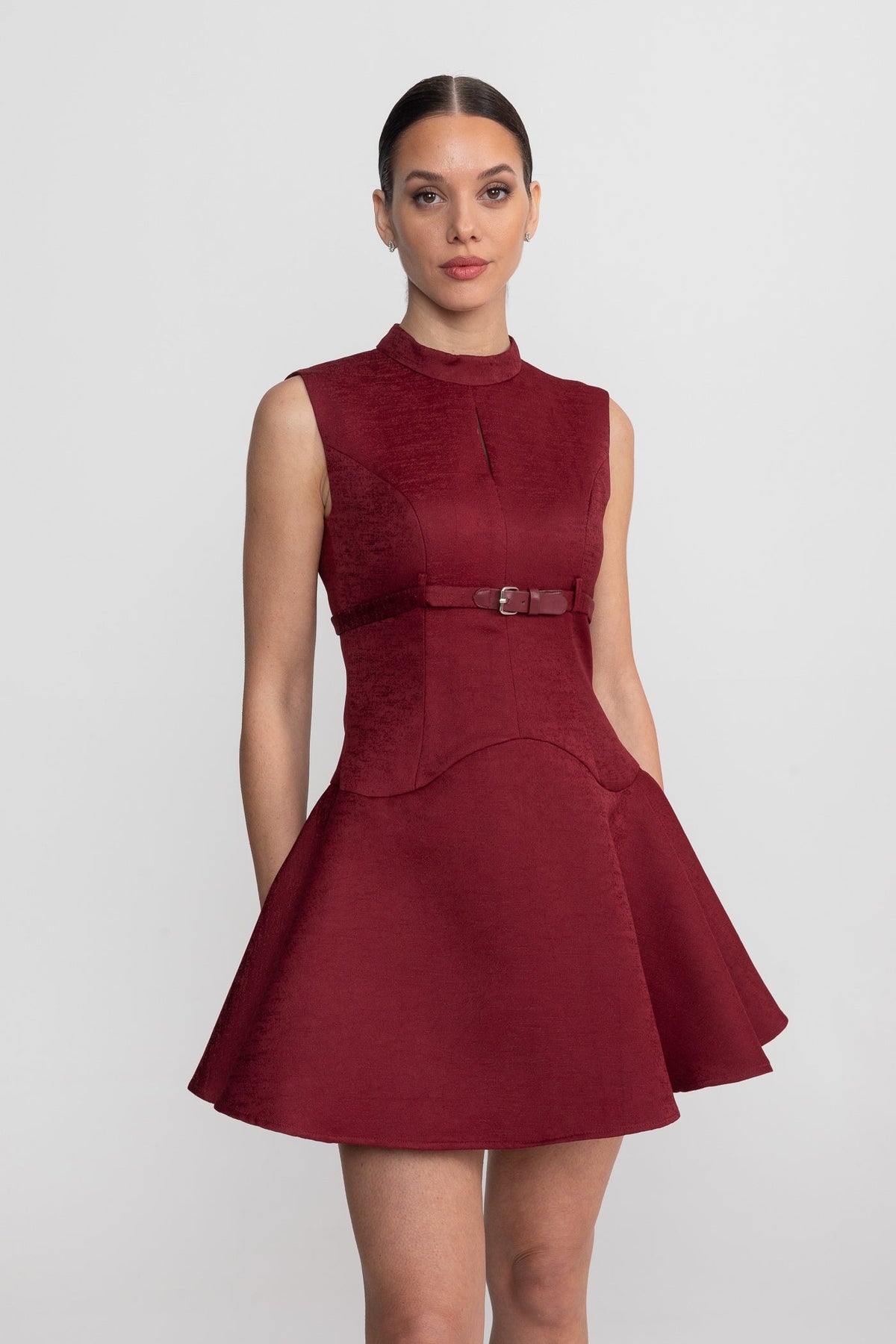 Velour-Effect High Neck Belted Fit and Flare Mini Dress – Burgundy – view 3