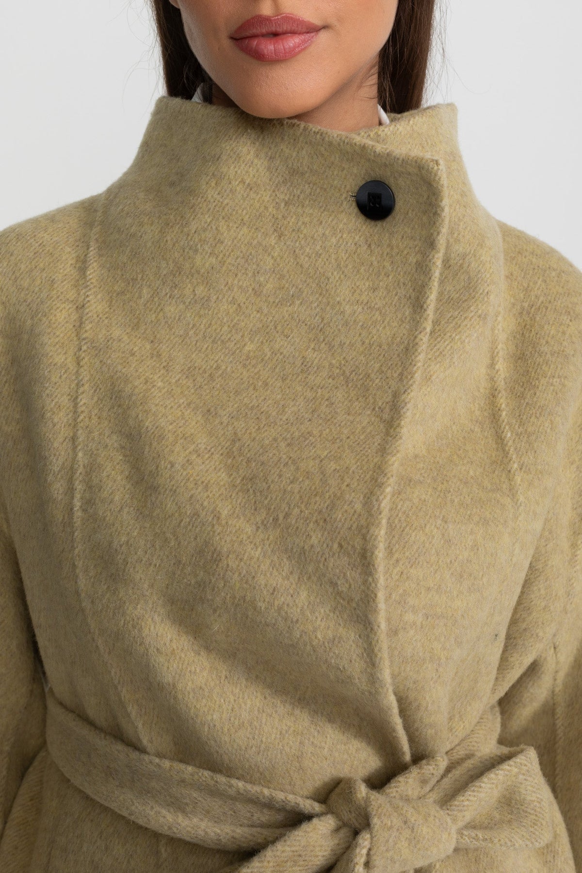 Belted Wool Blend Mini Coat with High Neck and Wide Sleeves – Beige