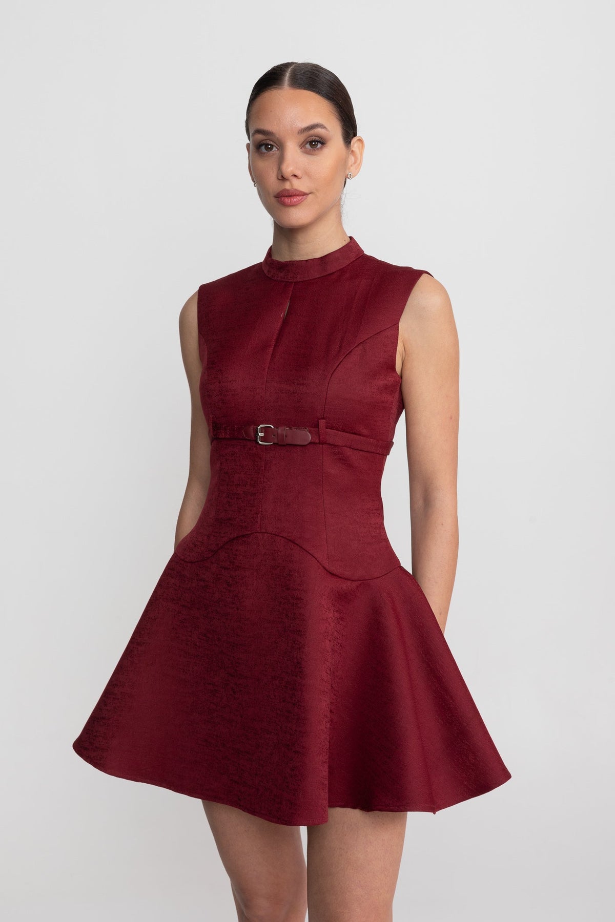 Velour-Effect High Neck Belted Fit and Flare Mini Dress – Burgundy