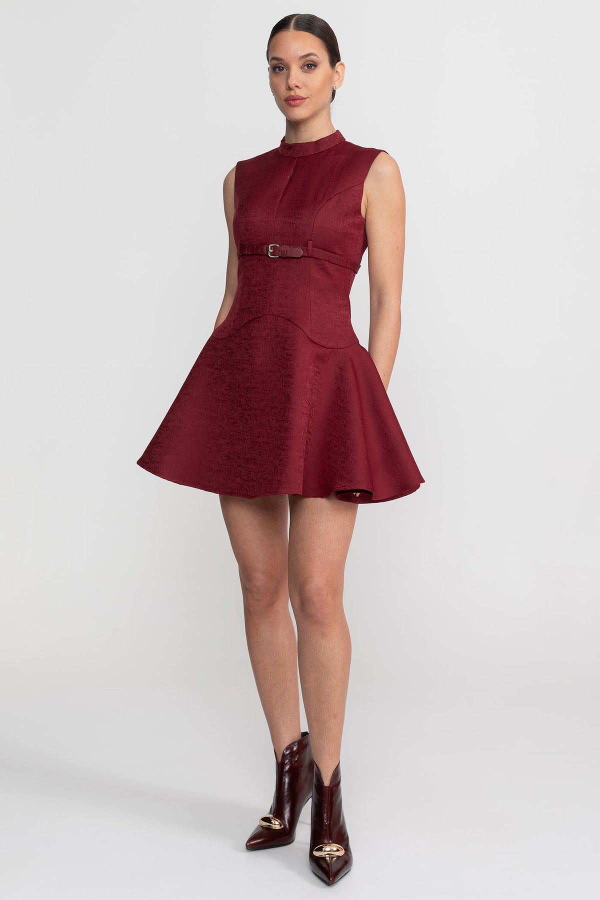 Velour-Effect High Neck Belted Fit and Flare Mini Dress – Burgundy – view 7