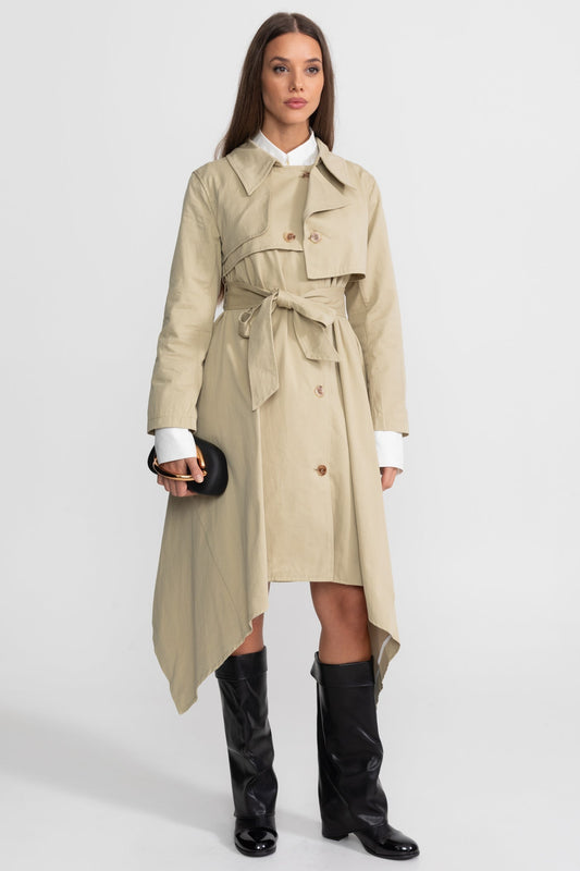 Long Double-Breasted Trench Coat with Tie Belt and Asymmetric Hem – Beige