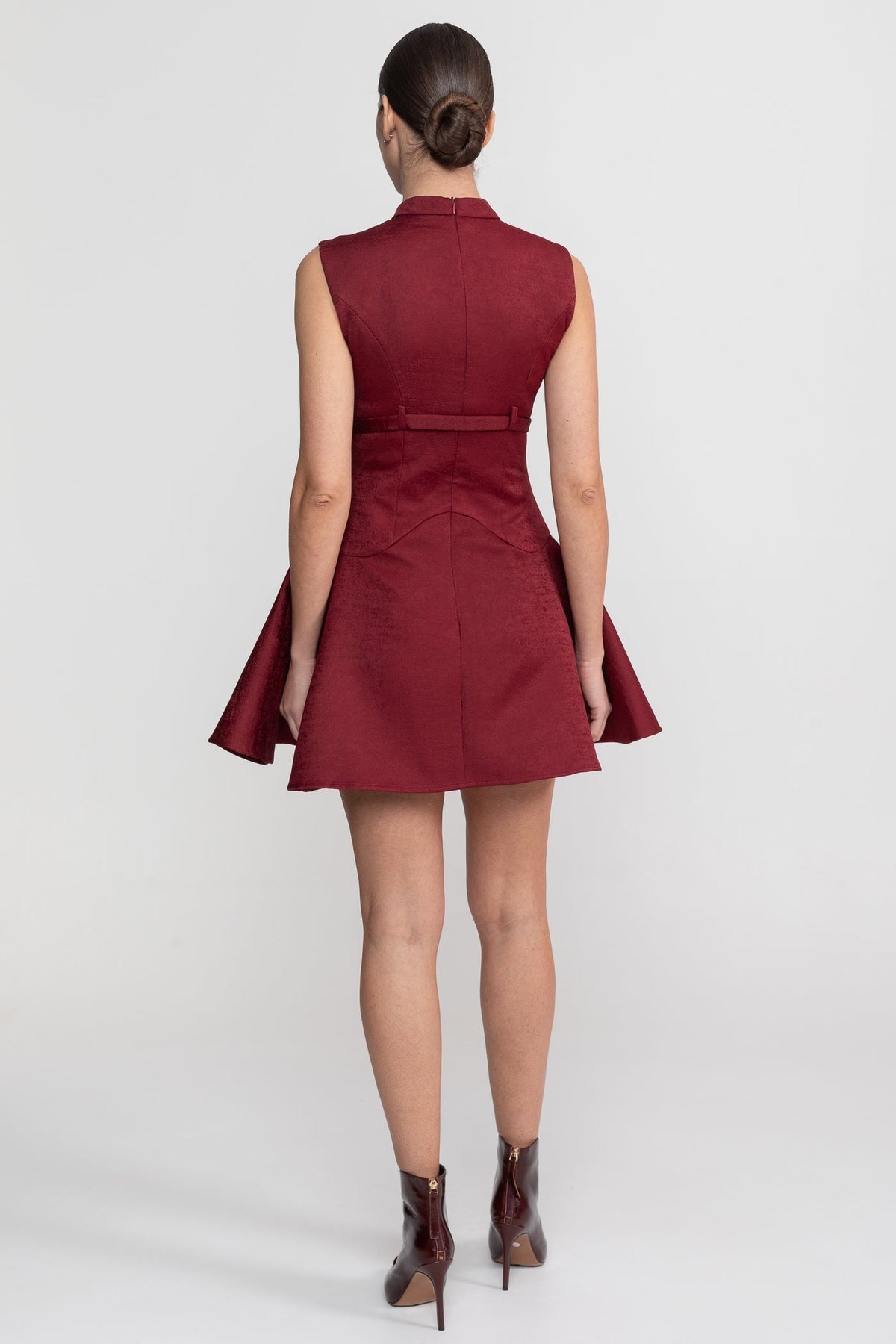 Velour-Effect High Neck Belted Fit and Flare Mini Dress – Burgundy