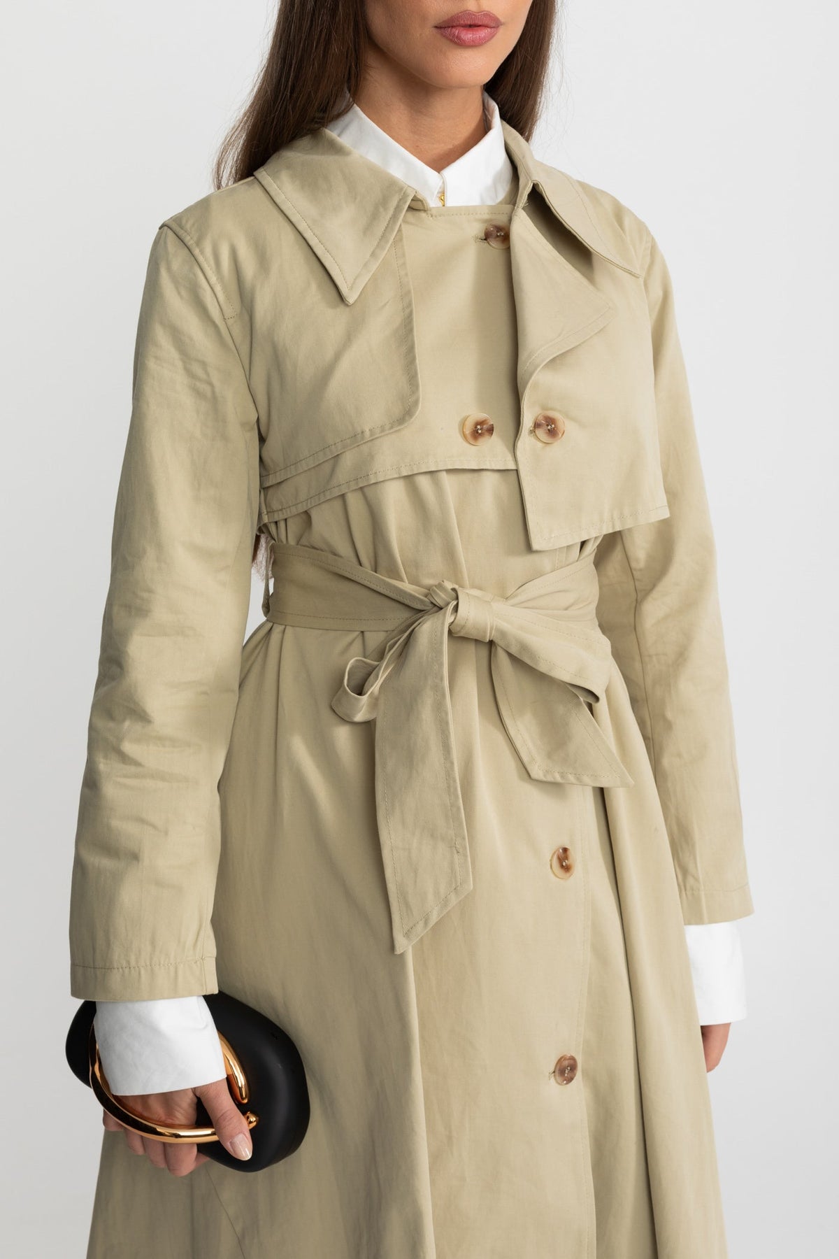 Long Double-Breasted Trench Coat with Tie Belt and Asymmetric Hem – Beige – view 3