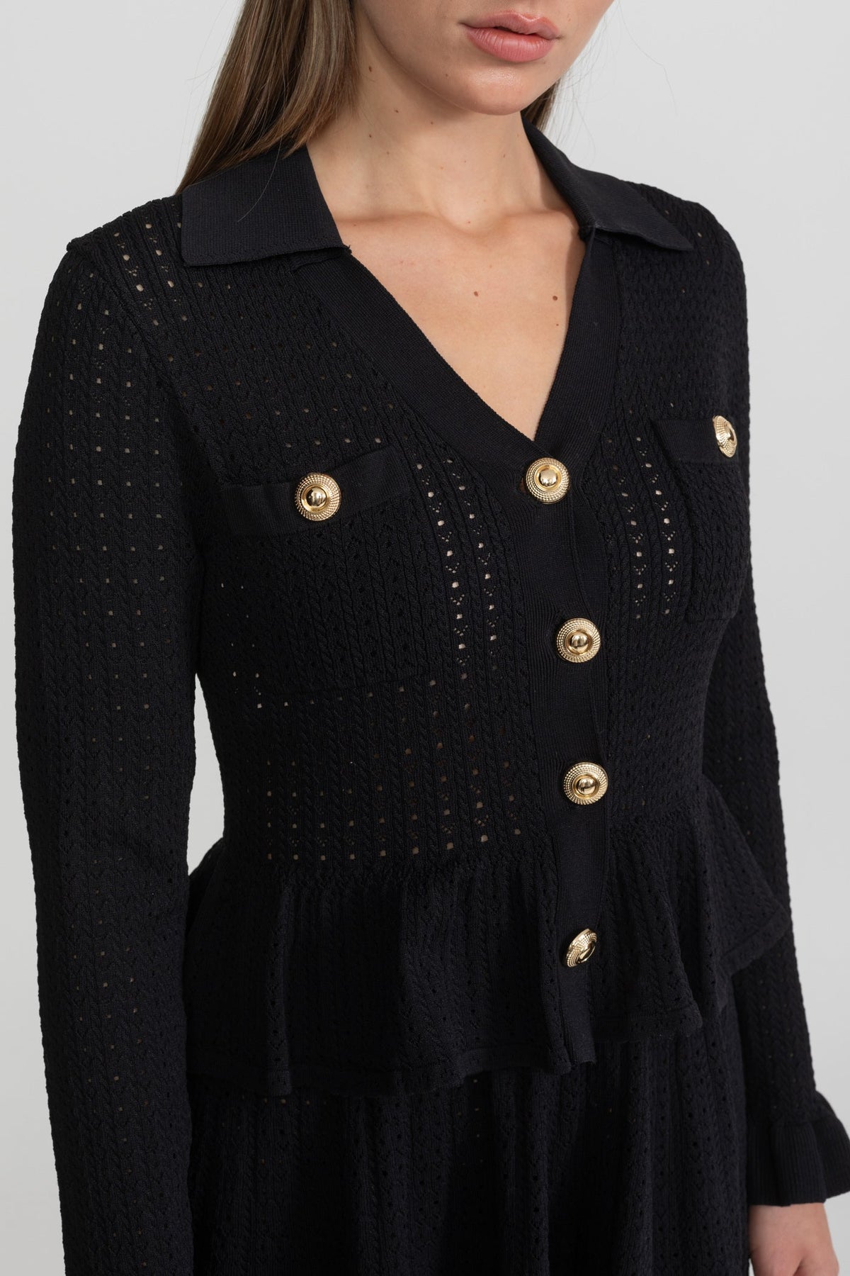 Collared Knit Mini Dress with Peplum Waist and Gold Buttons – Black – view 8