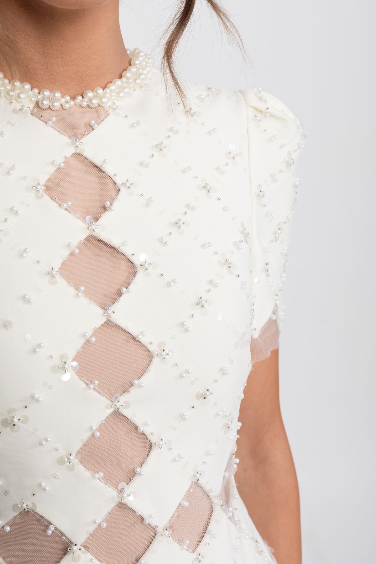 Pearl Trim Beaded Midi Dress with Diamond Mesh Cut-Outs – White – view 8