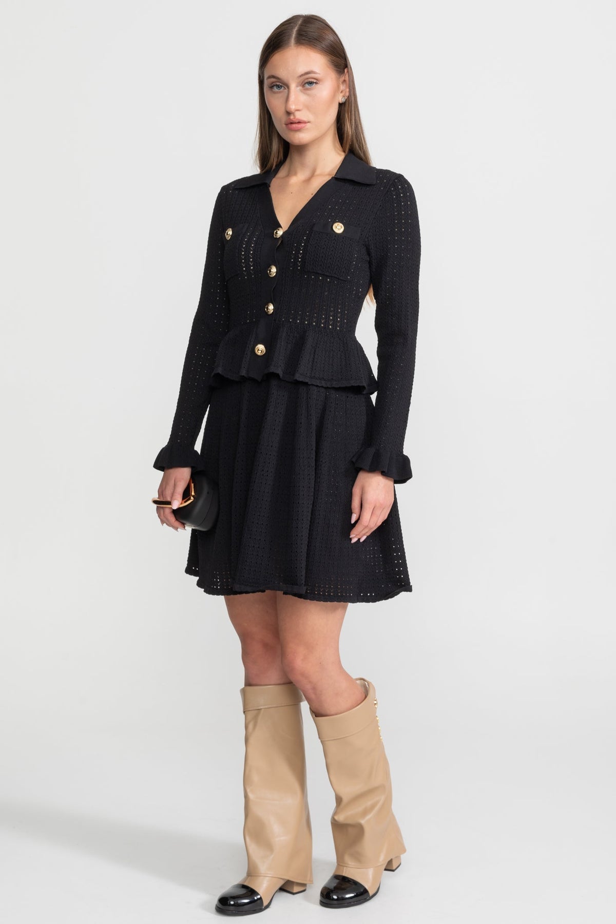 Collared Knit Mini Dress with Peplum Waist and Gold Buttons – Black – view 4