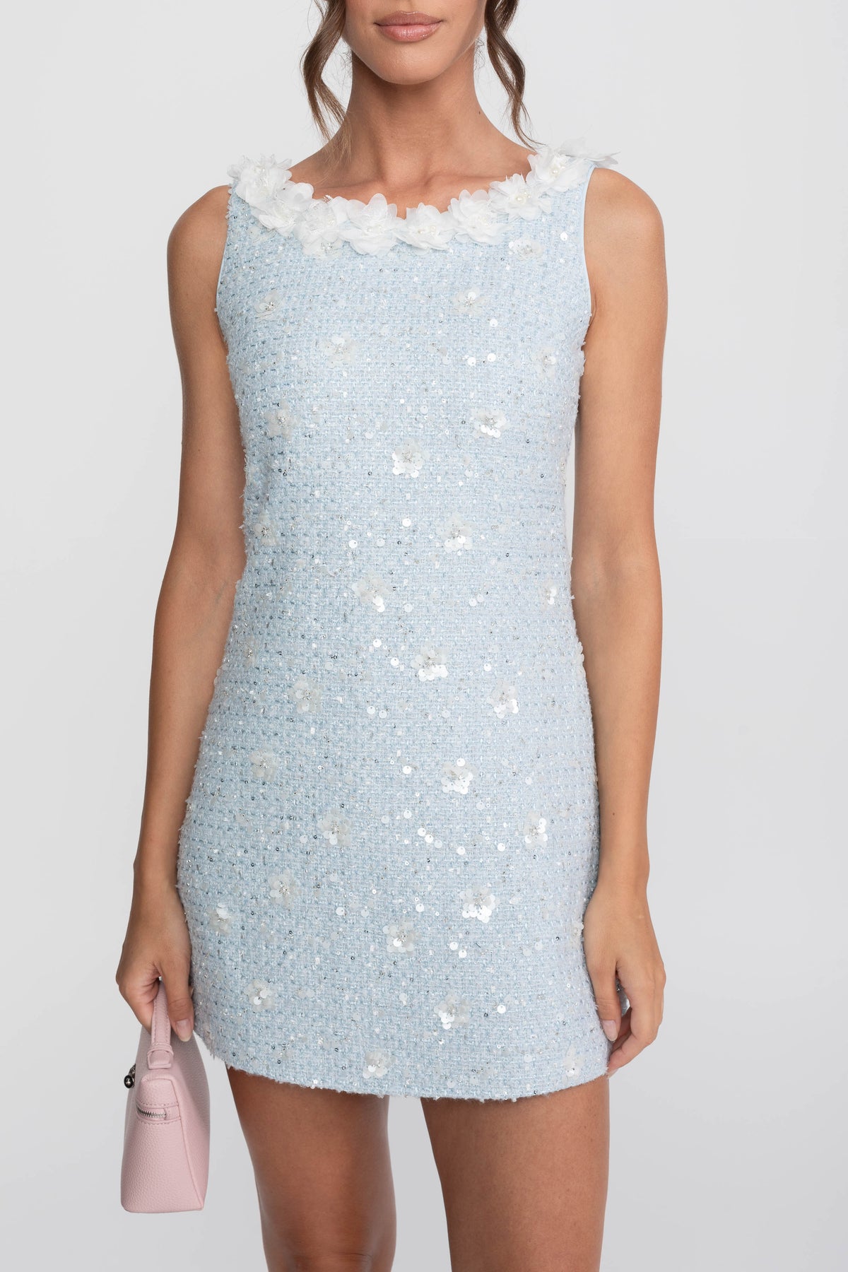 Ribbed Knit Mini Dress with Floral Embellished Neckline – Light Blue – view 5
