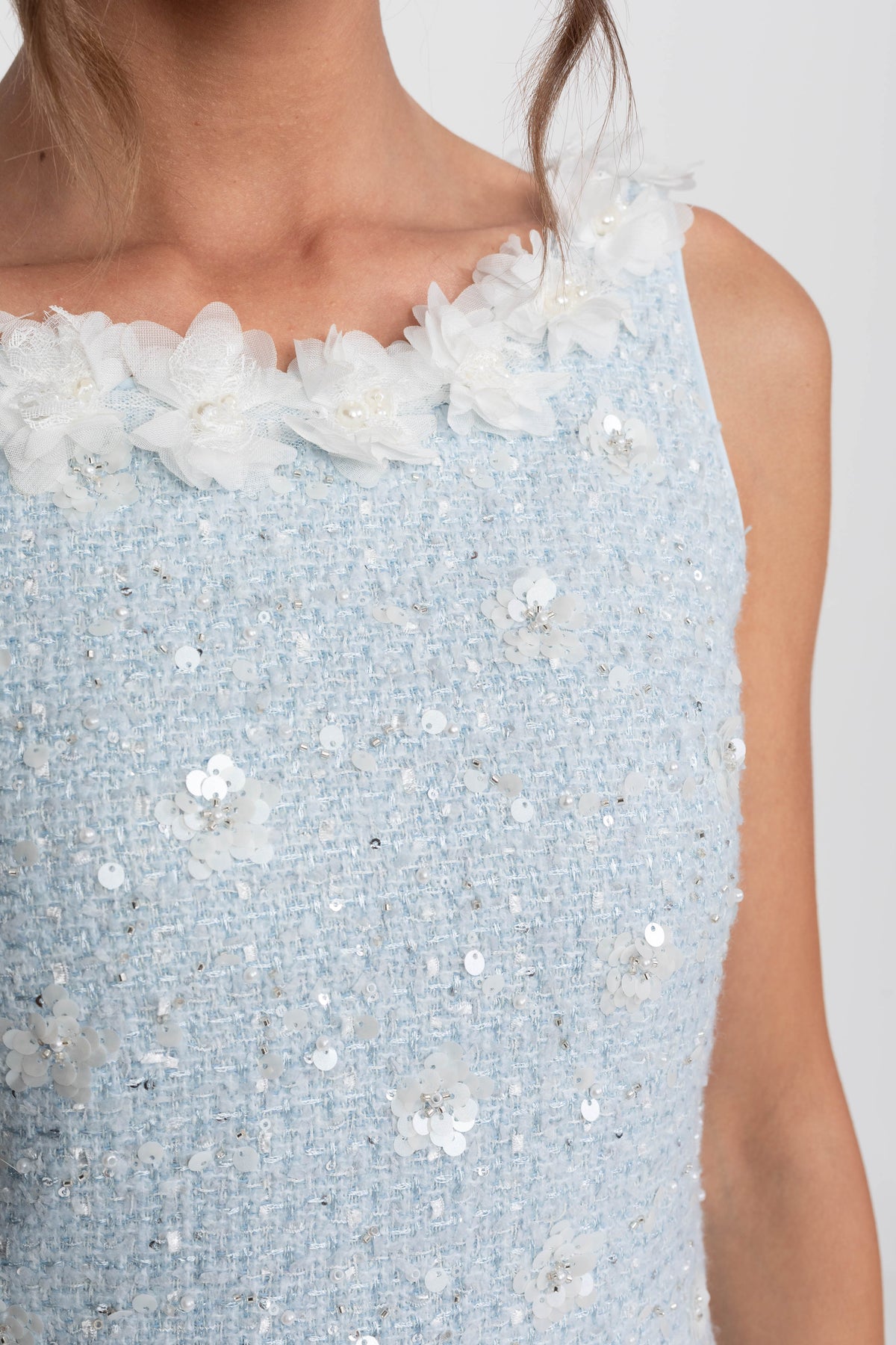 Ribbed Knit Mini Dress with Floral Embellished Neckline – Light Blue – view 6