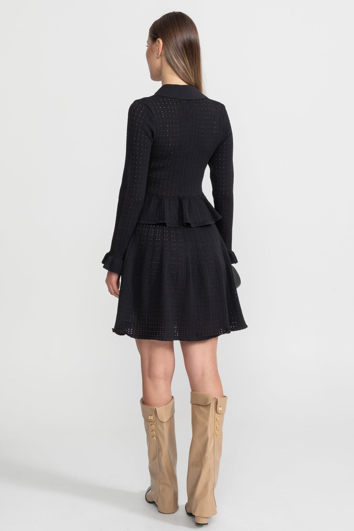 Collared Knit Mini Dress with Peplum Waist and Gold Buttons – Black – view 9