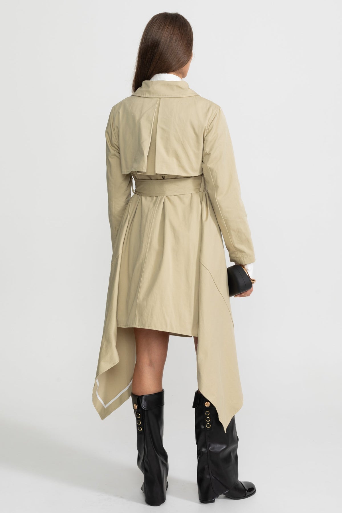 Long Double-Breasted Trench Coat with Tie Belt and Asymmetric Hem – Beige – view 4