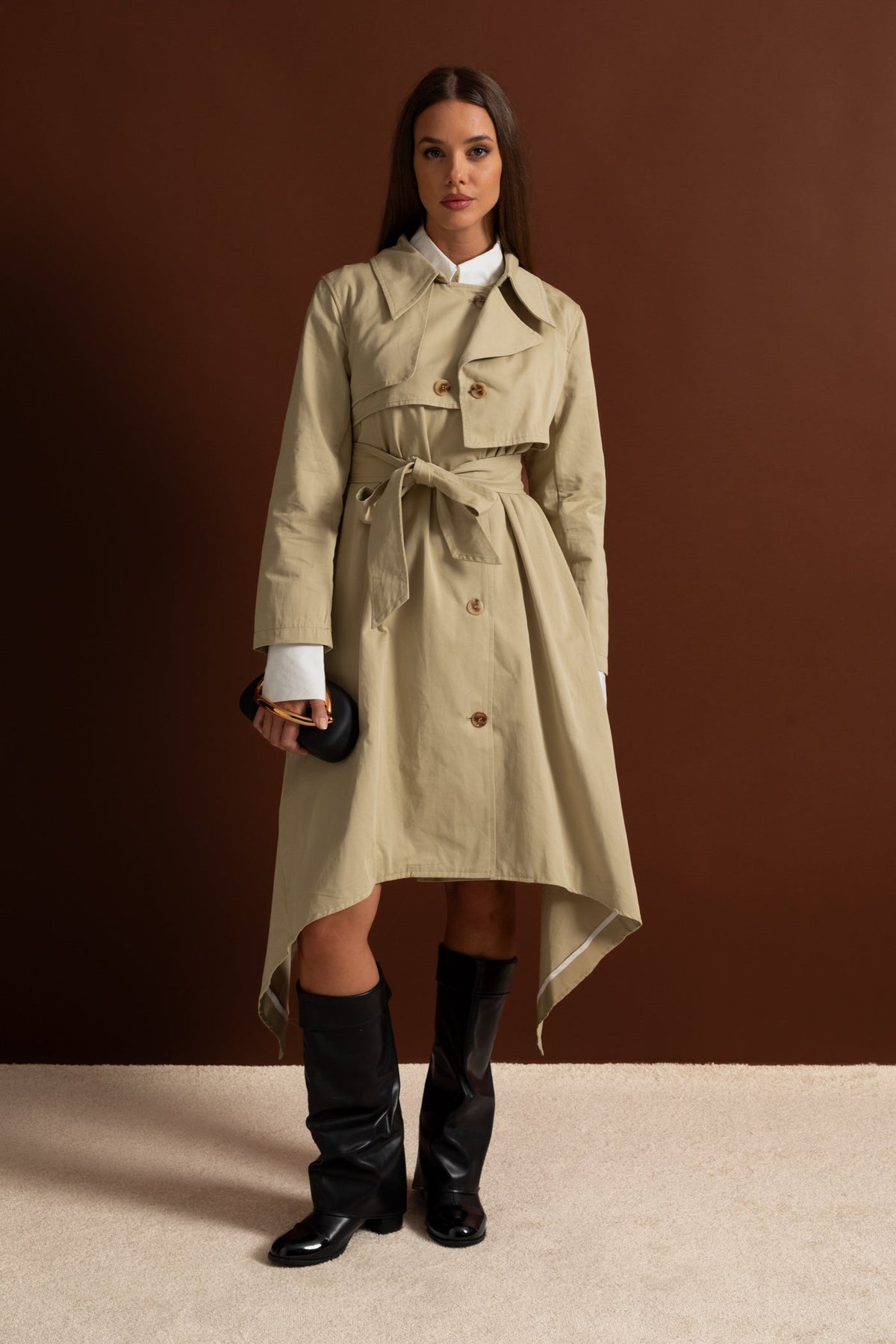 Long Double-Breasted Trench Coat with Tie Belt and Asymmetric Hem – Beige – view 5