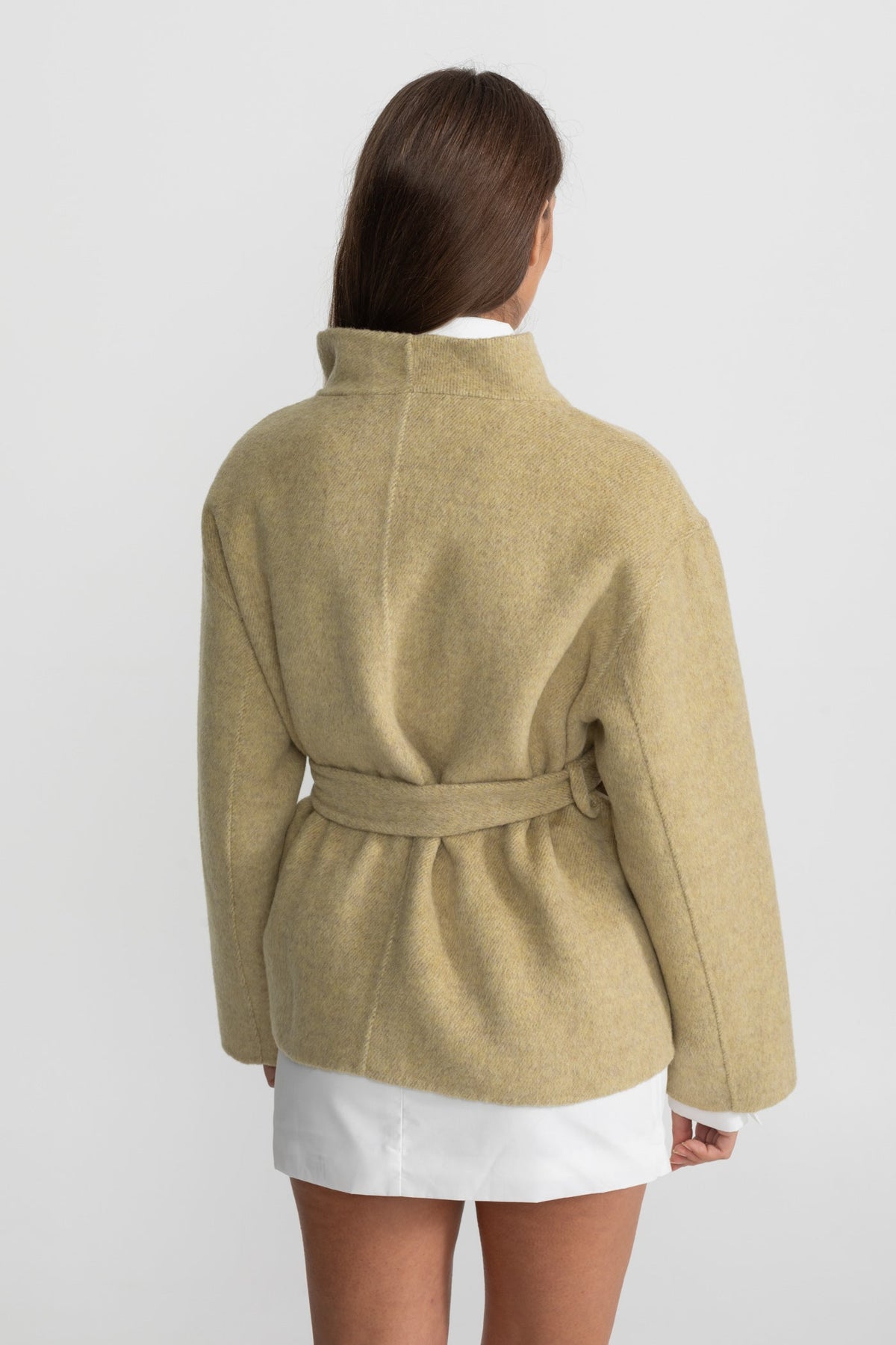 Belted Wool Blend Mini Coat with High Neck and Wide Sleeves – Beige – view 6