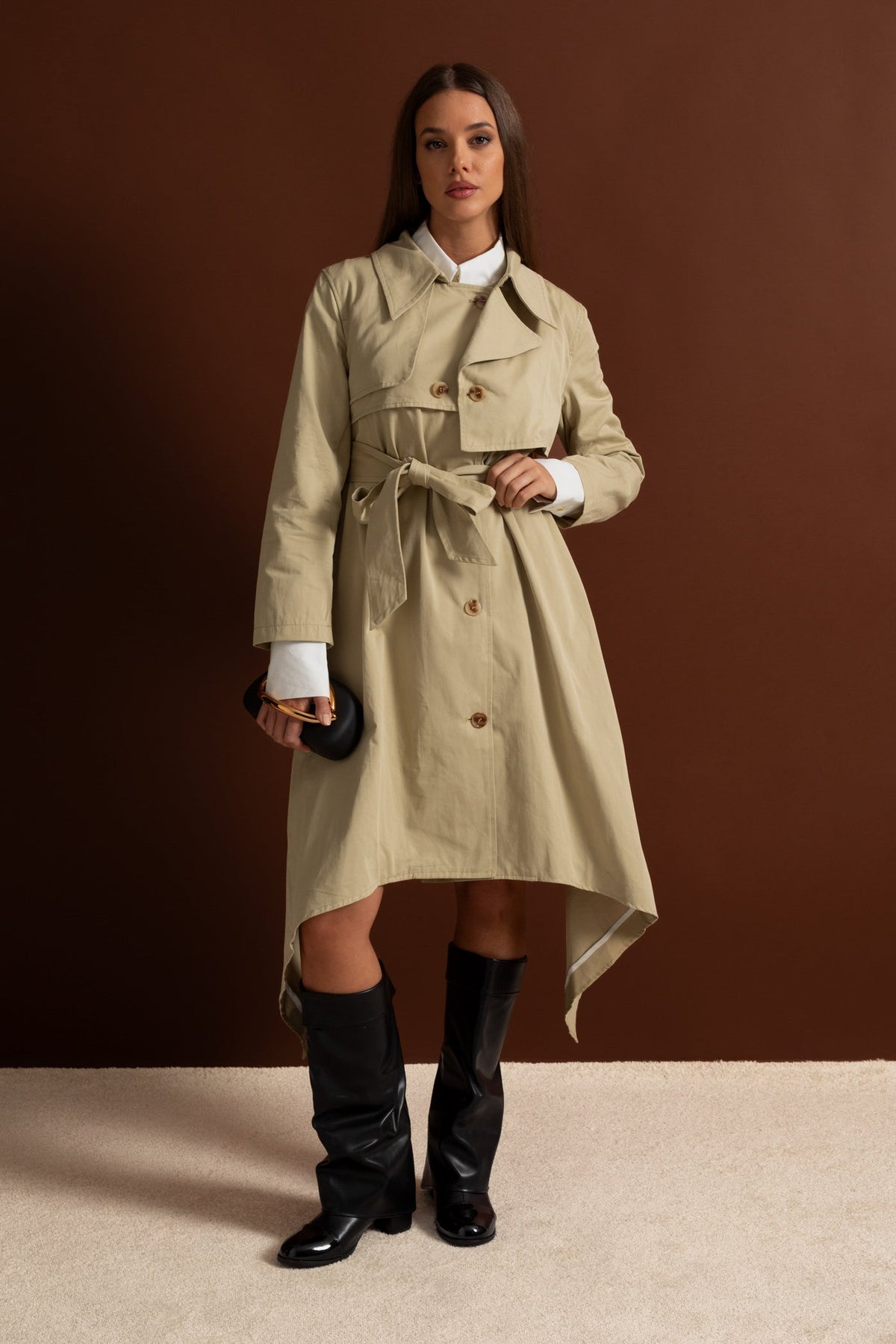 Long Double-Breasted Trench Coat with Tie Belt and Asymmetric Hem – Beige