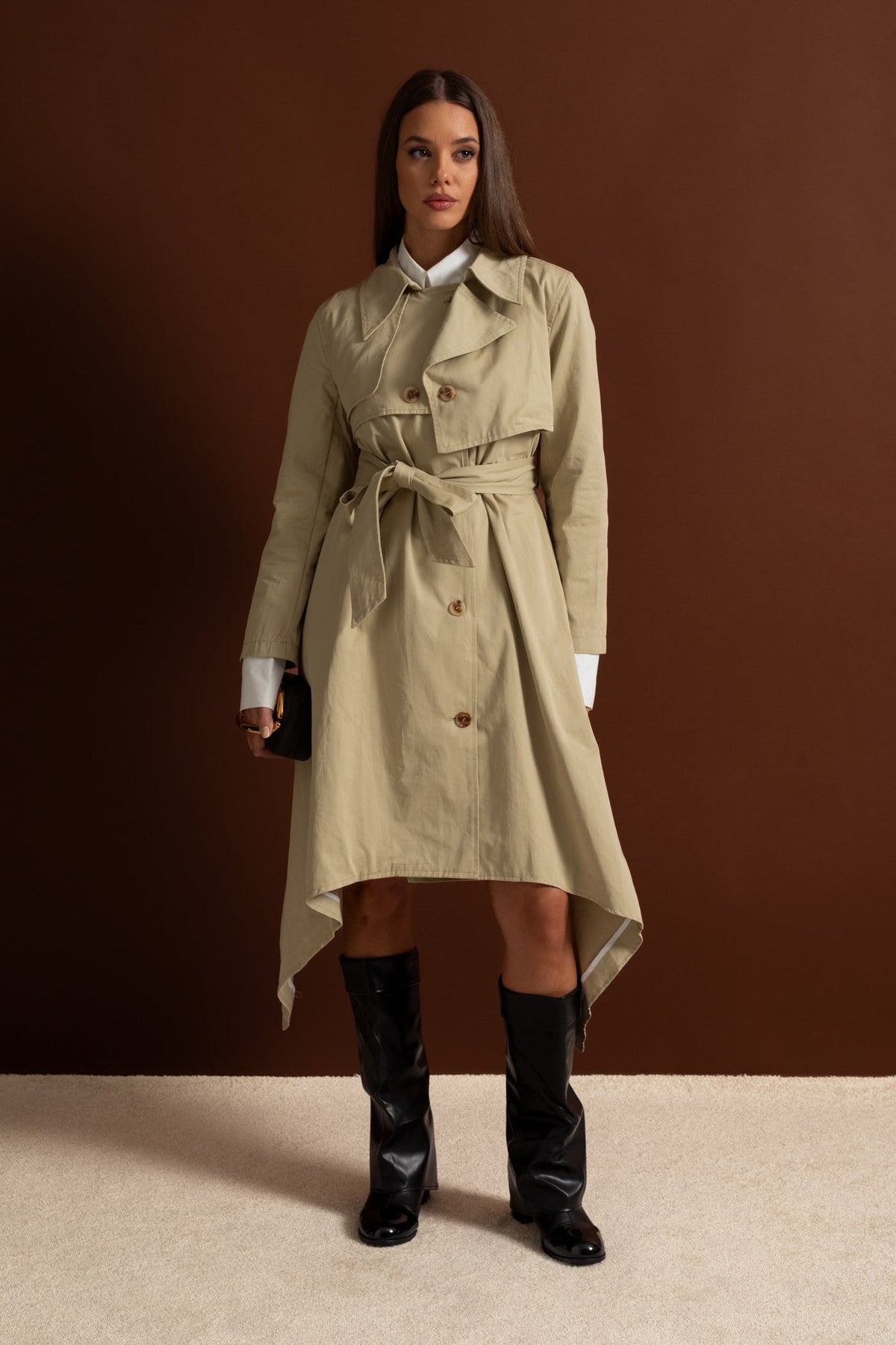 Long Double-Breasted Trench Coat with Tie Belt and Asymmetric Hem – Beige