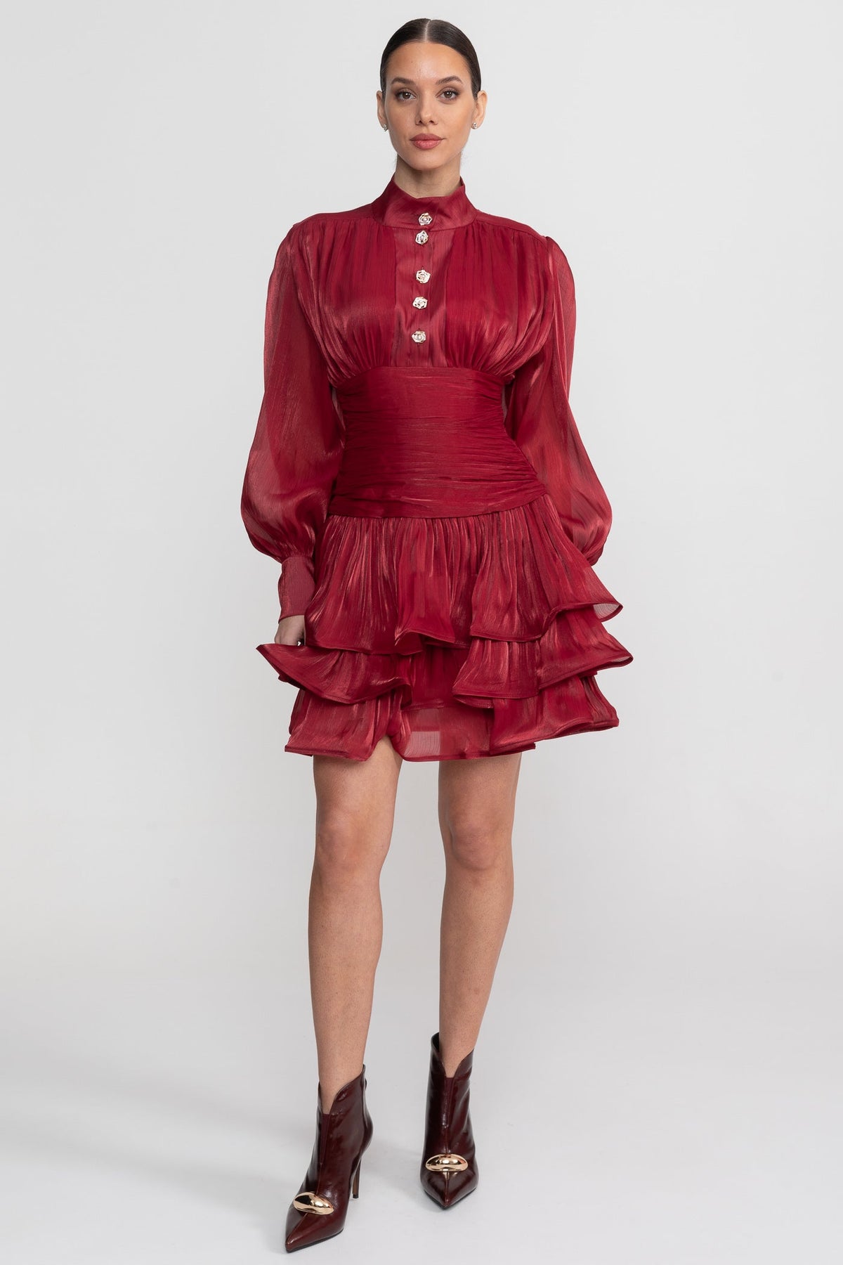 Long Sleeve Tiered Ruffle Mini Dress with Stand Collar – Red – view 6