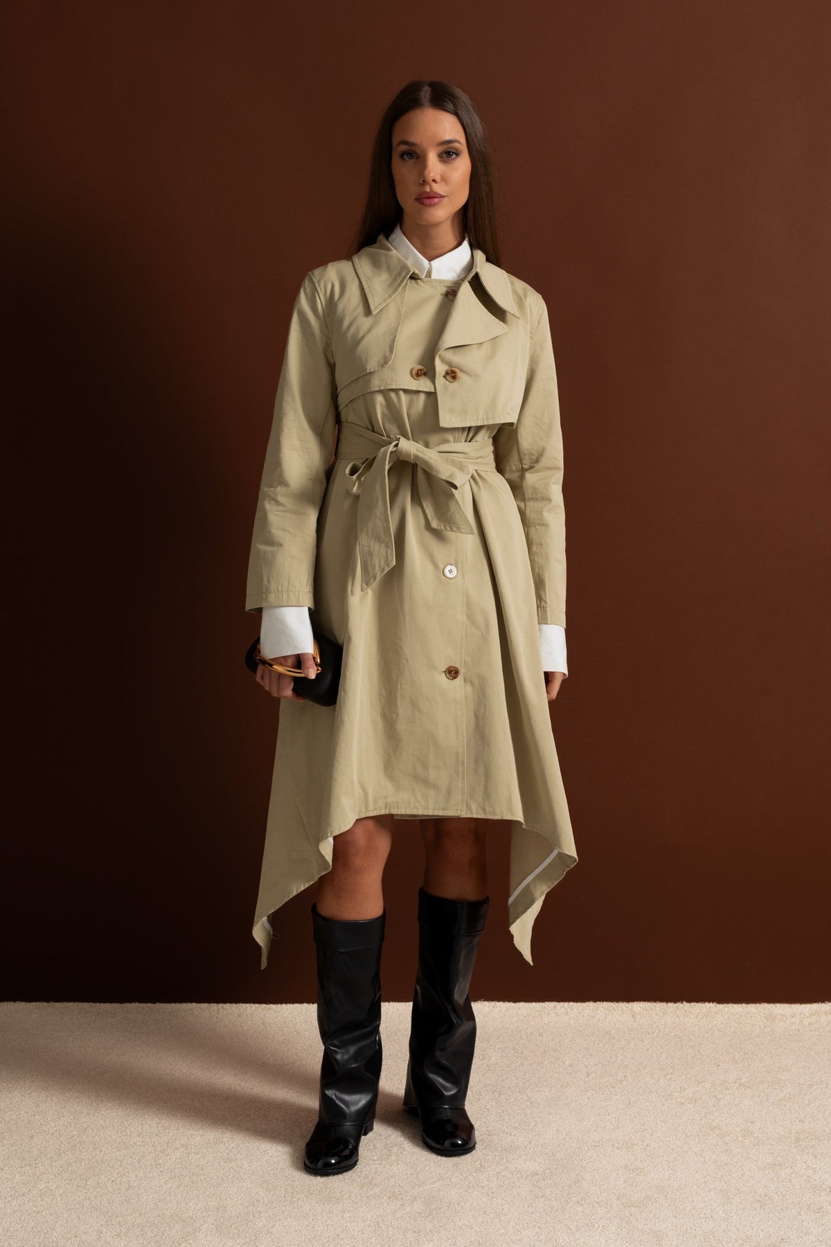 Long Double-Breasted Trench Coat with Tie Belt and Asymmetric Hem – Beige