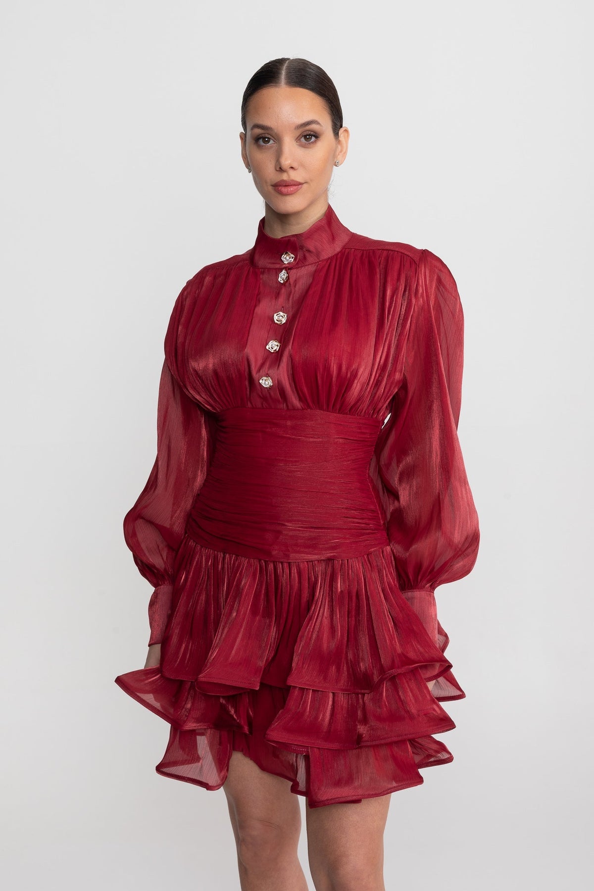 Long Sleeve Tiered Ruffle Mini Dress with Stand Collar – Red – view 5