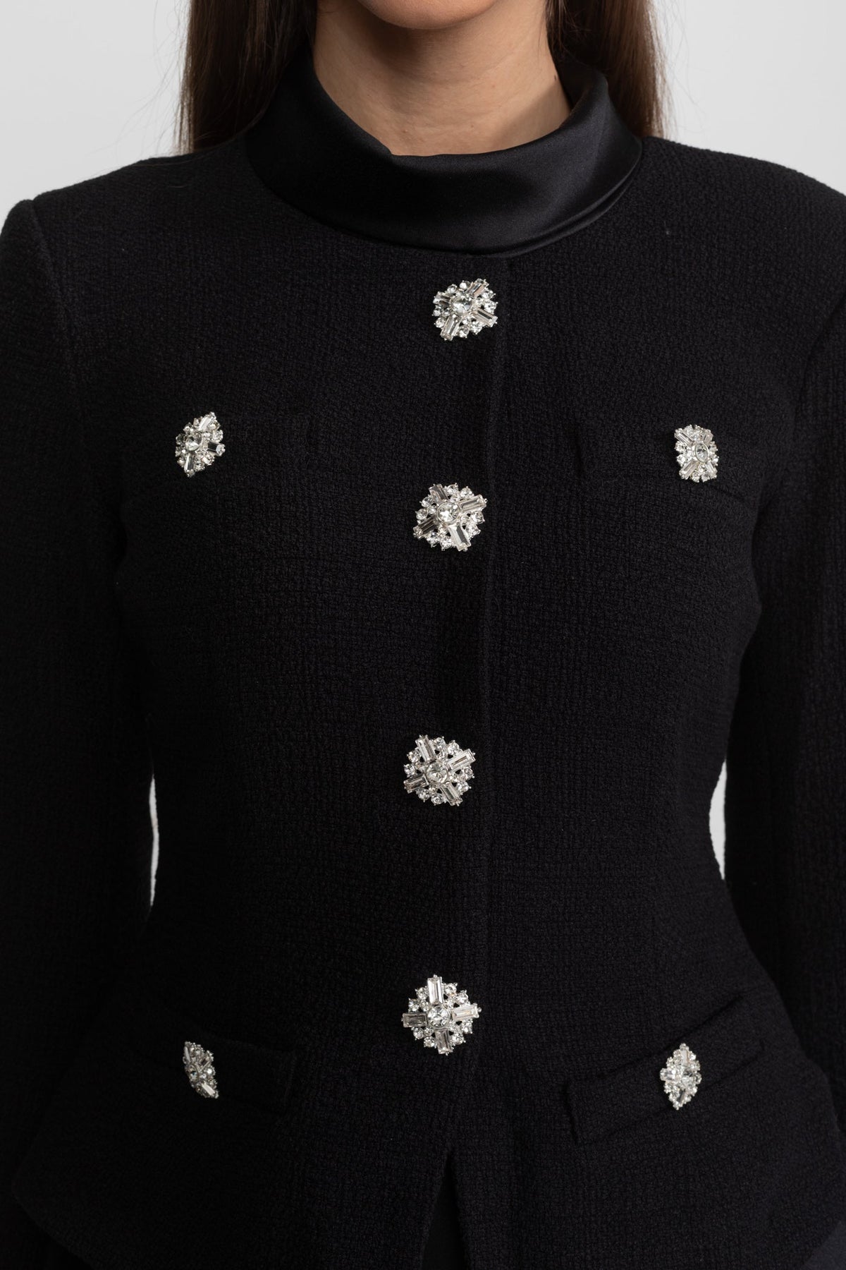 Two-in-One Midi Dress with Crystal Button Jacket Overlay – Black – view 6