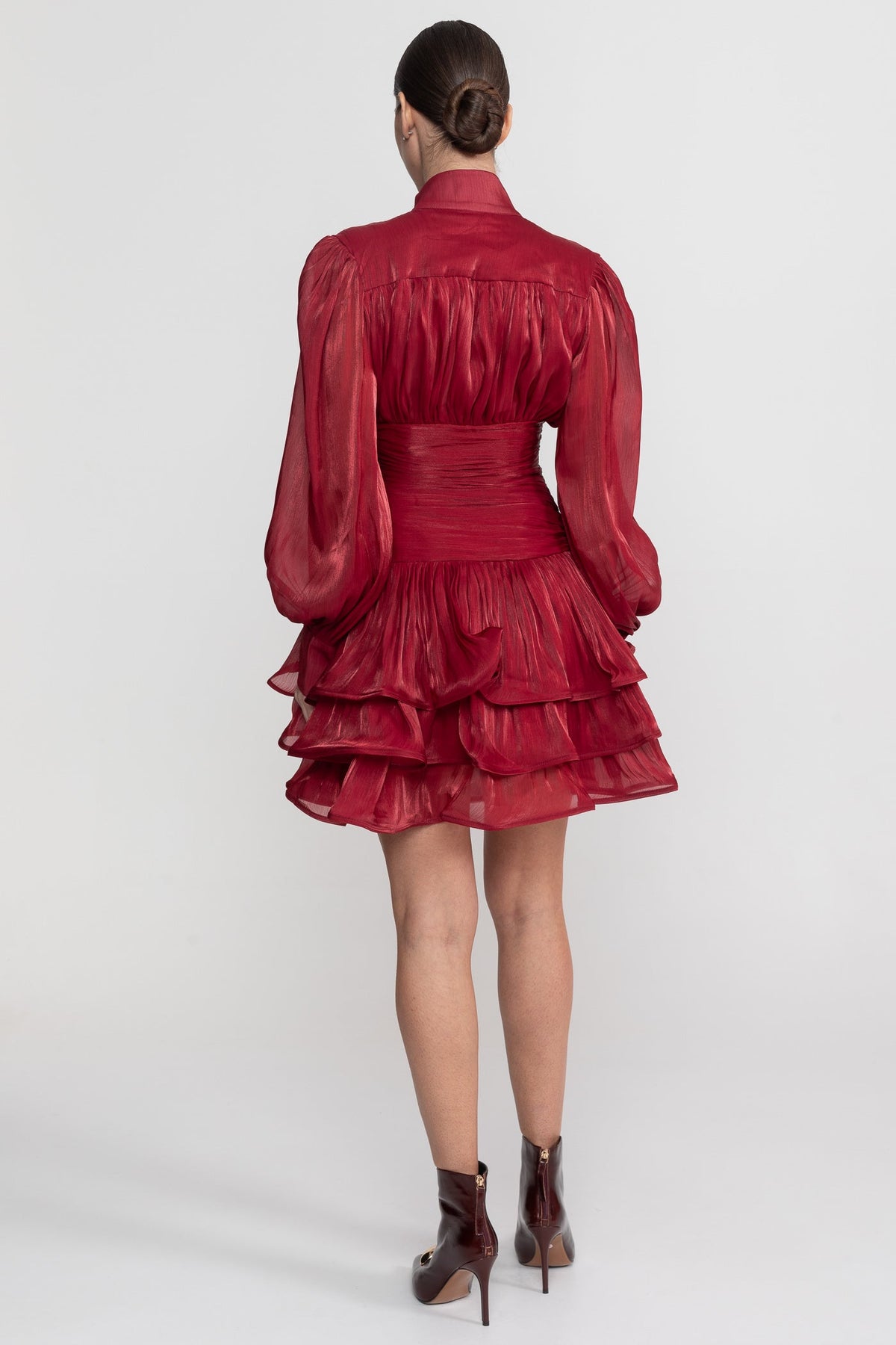 Long Sleeve Tiered Ruffle Mini Dress with Stand Collar – Red – view 7