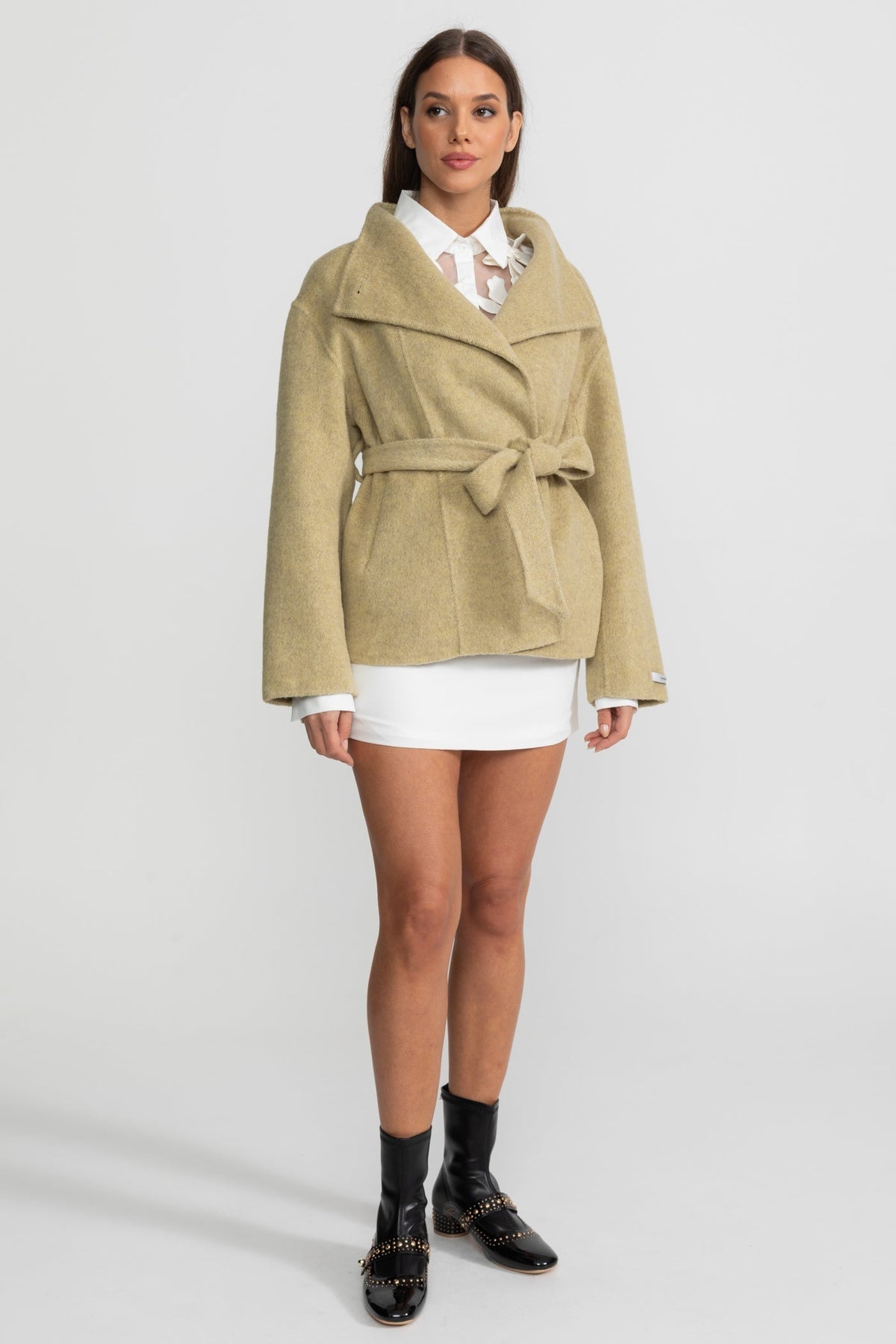 Belted Wool Blend Mini Coat with High Neck and Wide Sleeves – Beige