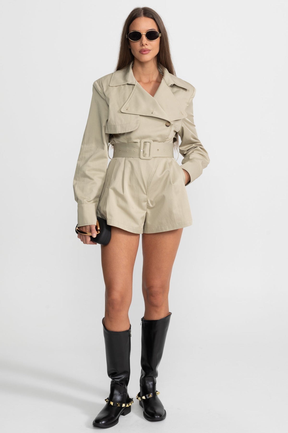 Belted Trench-Style Notched Lapel Jumpsuit – Beige – view 1