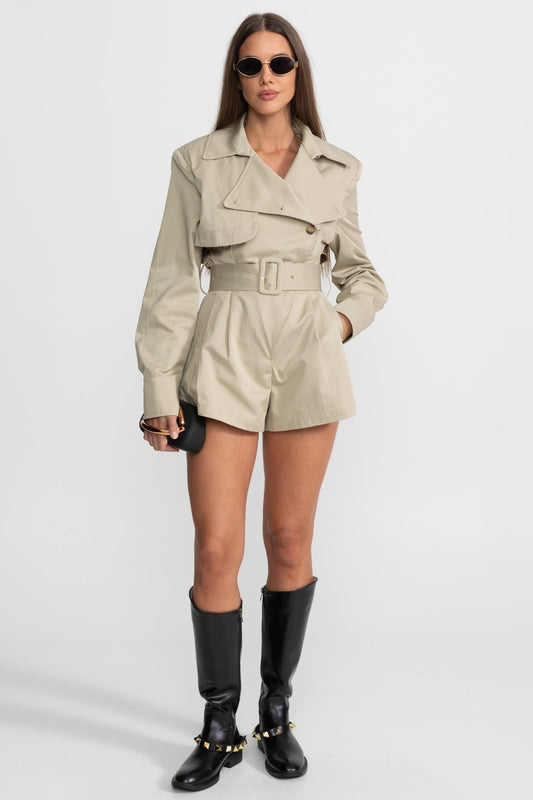 Belted Trench-Style Notched Lapel Jumpsuit – Beige