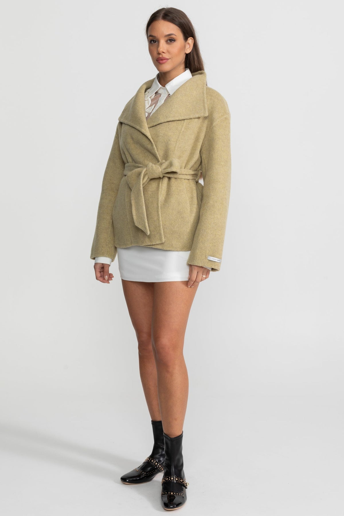 Belted Wool Blend Mini Coat with High Neck and Wide Sleeves – Beige