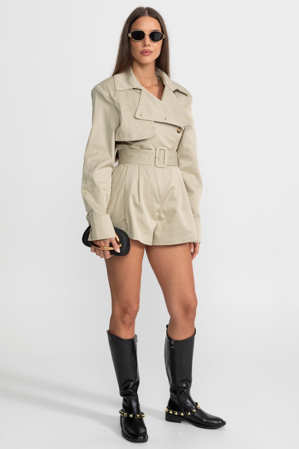 Belted Trench-Style Notched Lapel Jumpsuit – Beige – view 4