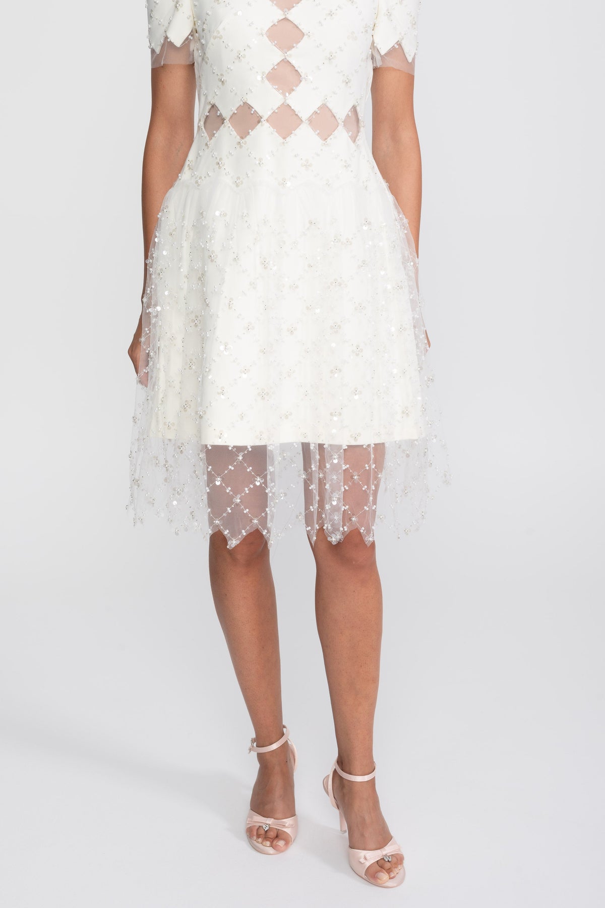Pearl Trim Beaded Midi Dress with Diamond Mesh Cut-Outs – White – view 9