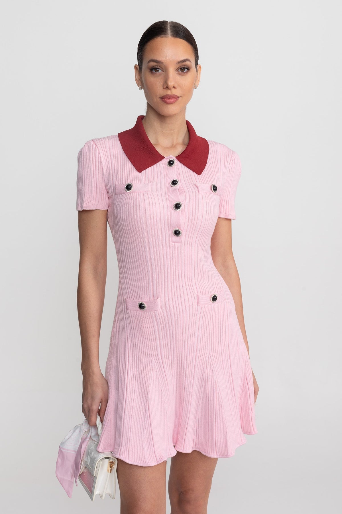 Ribbed Knit Contrast Collar Button Front Mini Dress – Blush Pink – view 5