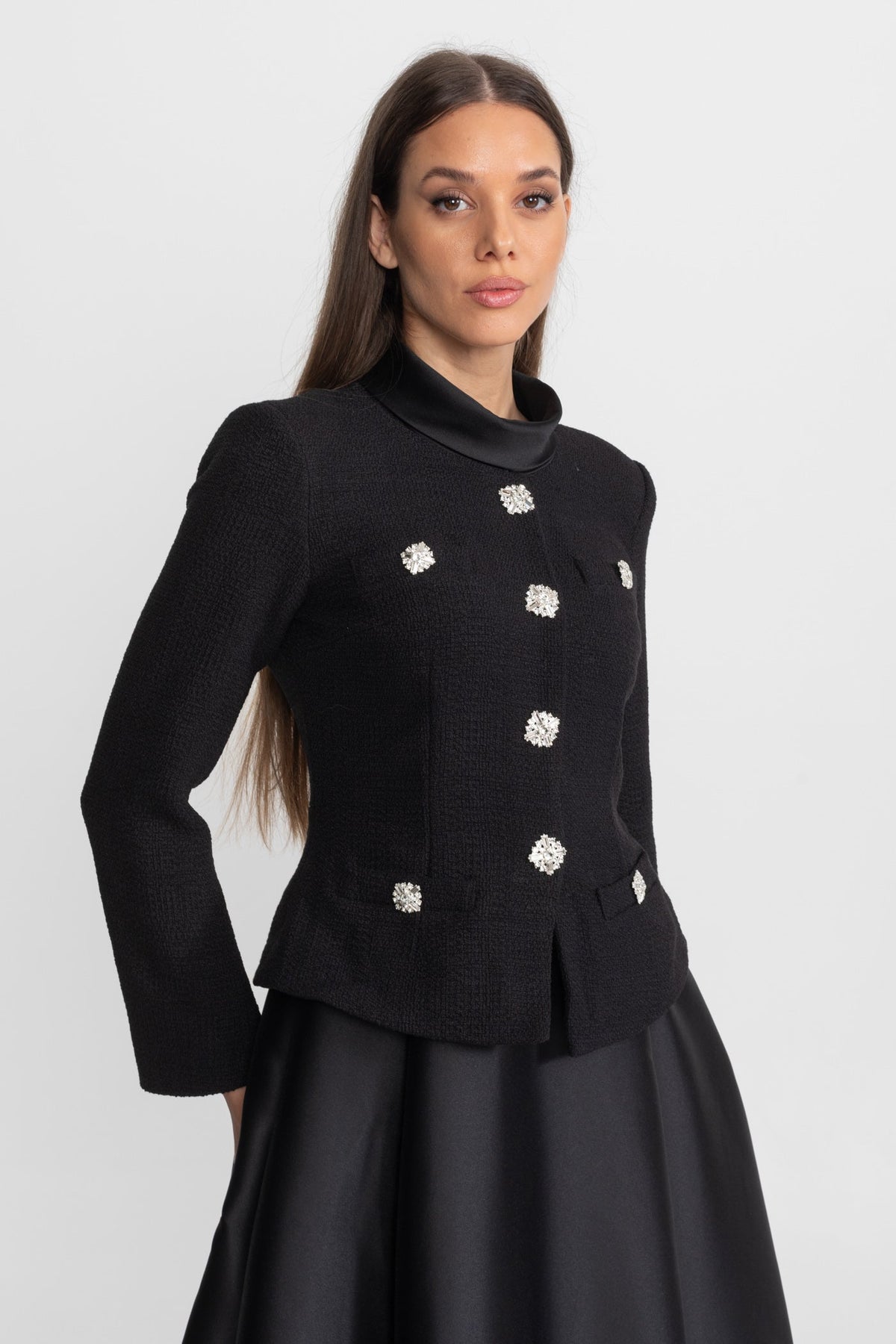 Two-in-One Midi Dress with Crystal Button Jacket Overlay – Black – view 4