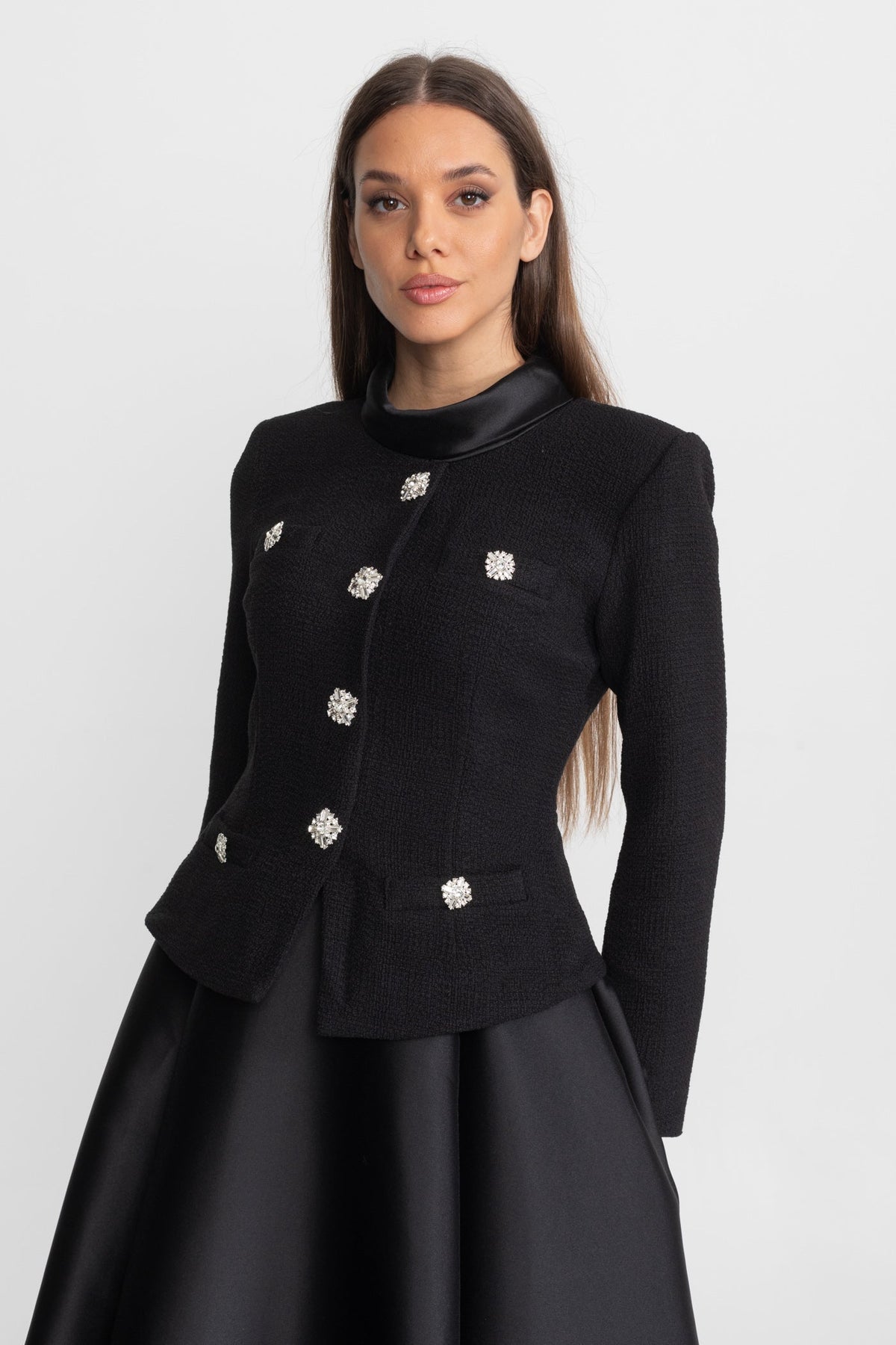 Two-in-One Midi Dress with Crystal Button Jacket Overlay – Black – view 5