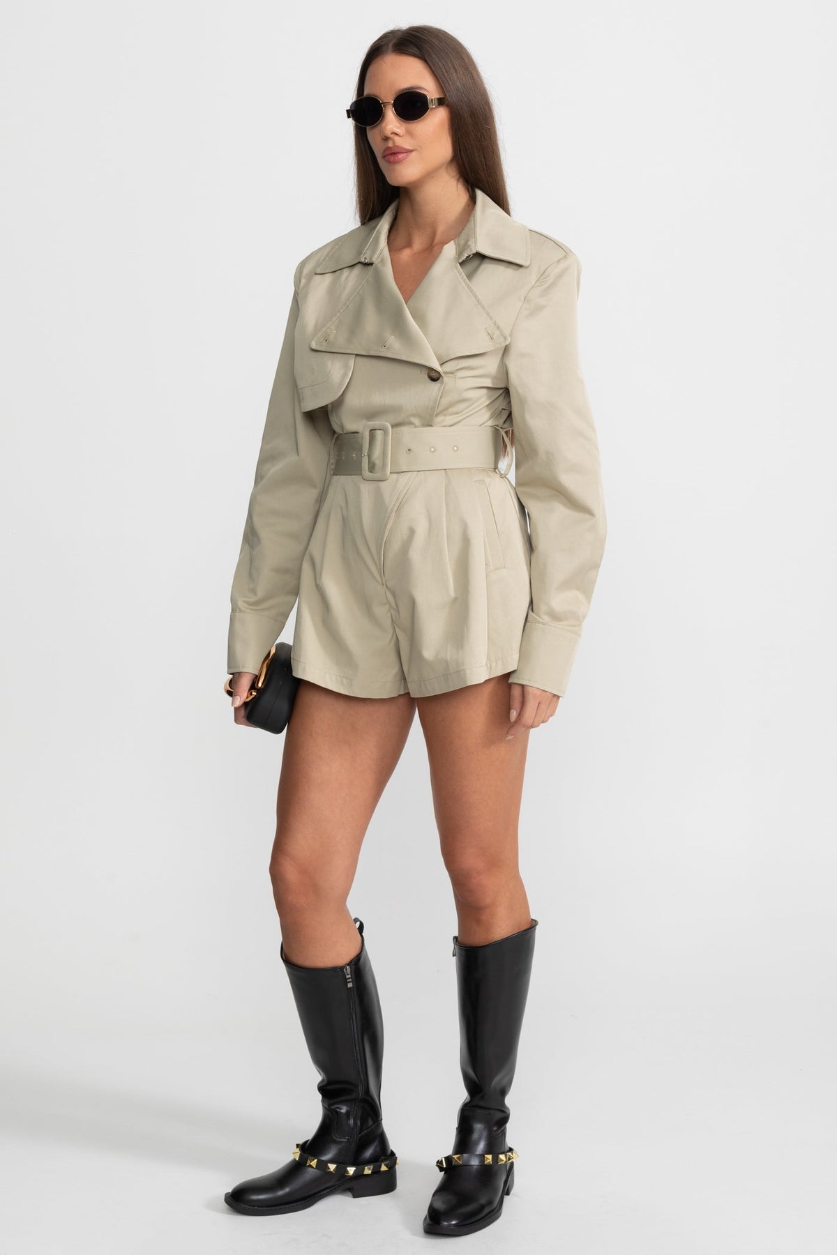 Belted Trench-Style Notched Lapel Jumpsuit – Beige – view 5