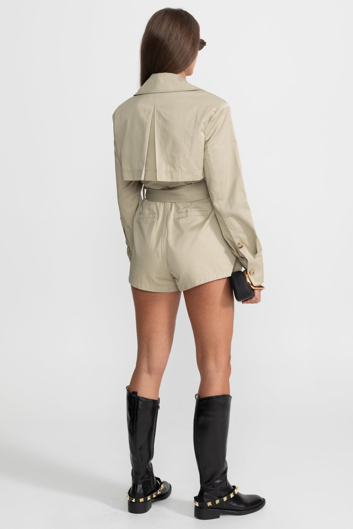 Belted Trench-Style Notched Lapel Jumpsuit – Beige