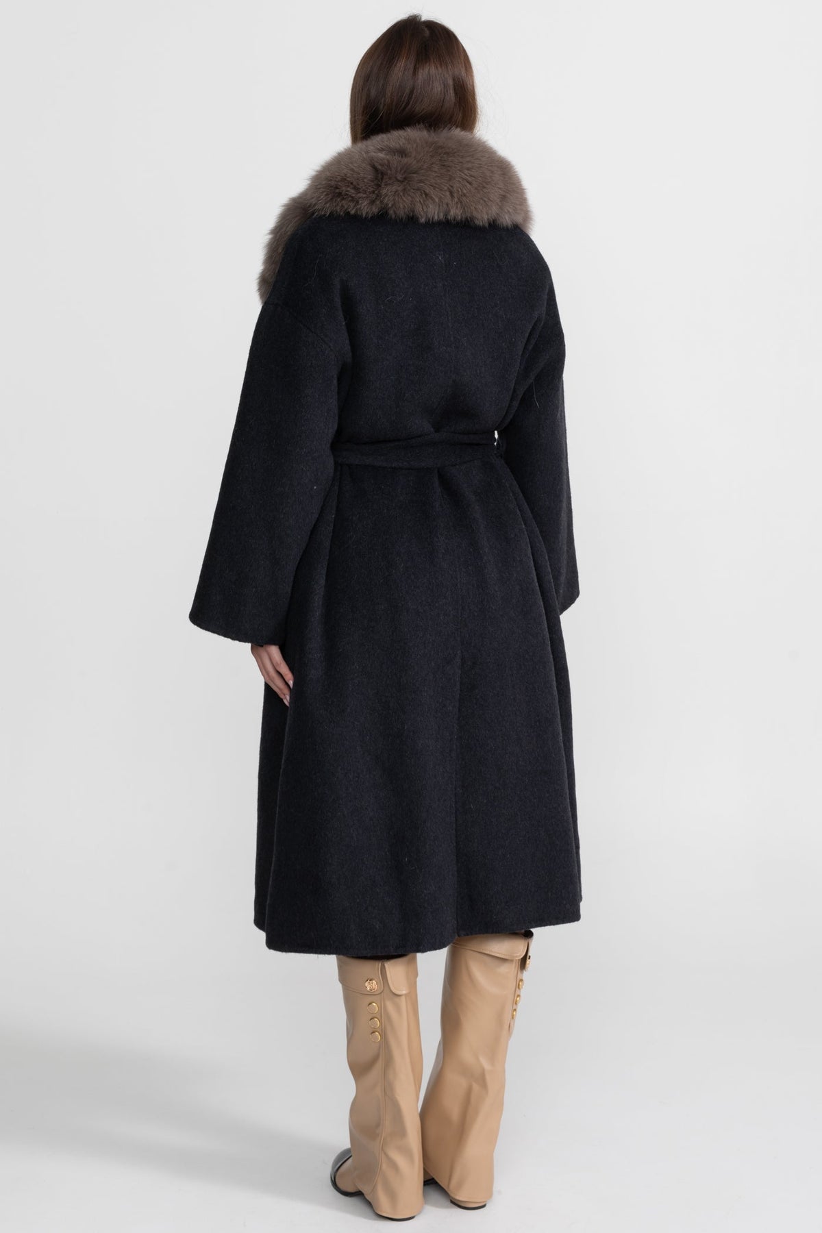 Double-Faced Wool Wrap Coat with Collar Trim and Tie Belt – Black/Brown – view 4