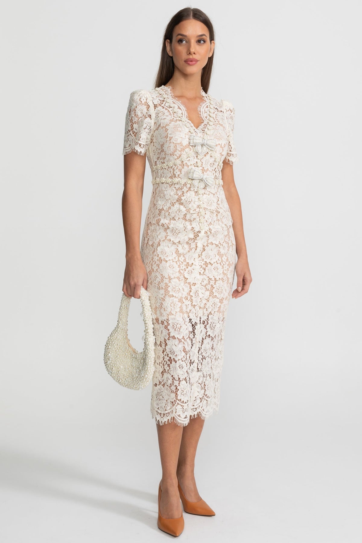 Floral Lace Scalloped Neck Midi Dress with Crystal Bows – Ivory – view 4