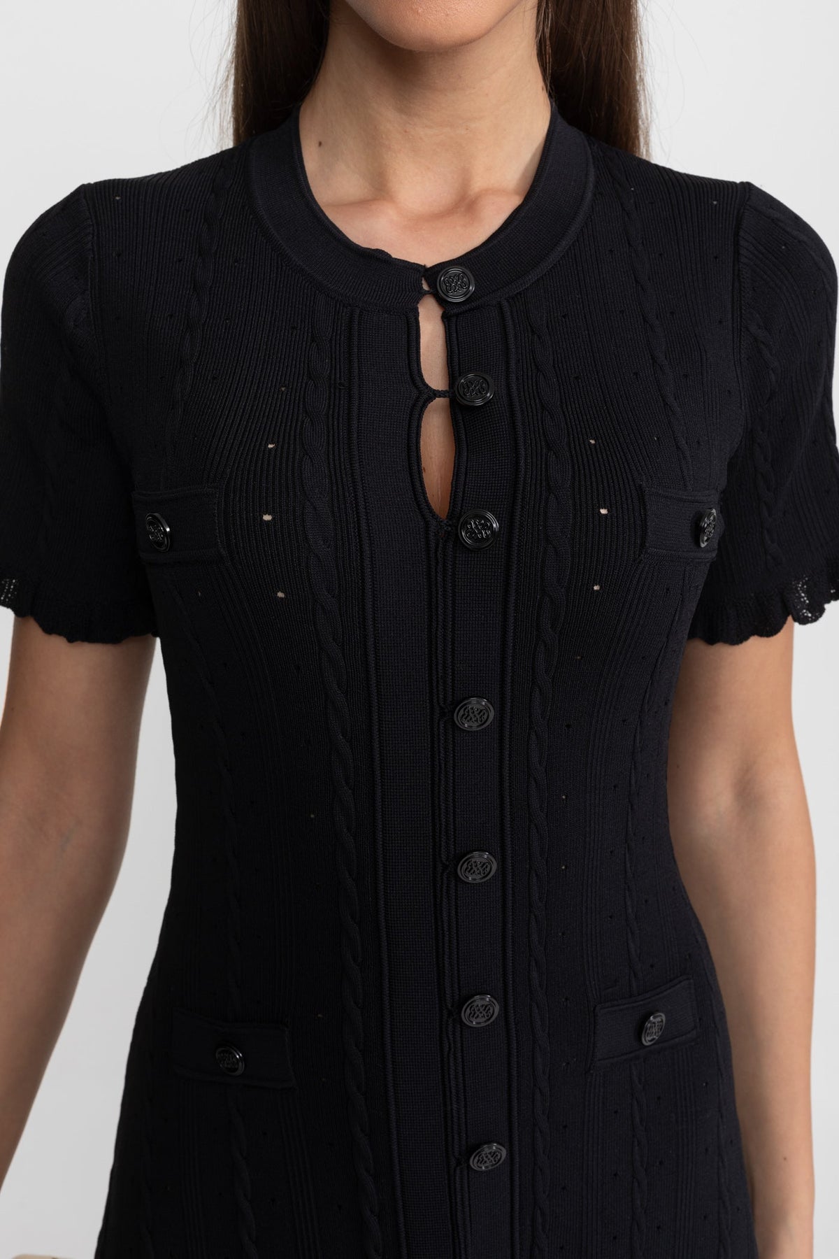 Knit Button-Front Midi Dress with Short Scalloped Sleeves – Black – view 4