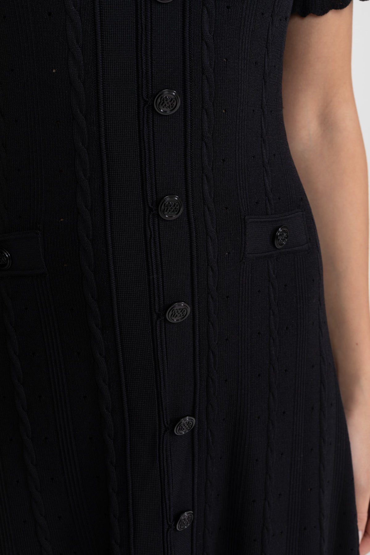 Knit Button-Front Midi Dress with Short Scalloped Sleeves – Black – view 6