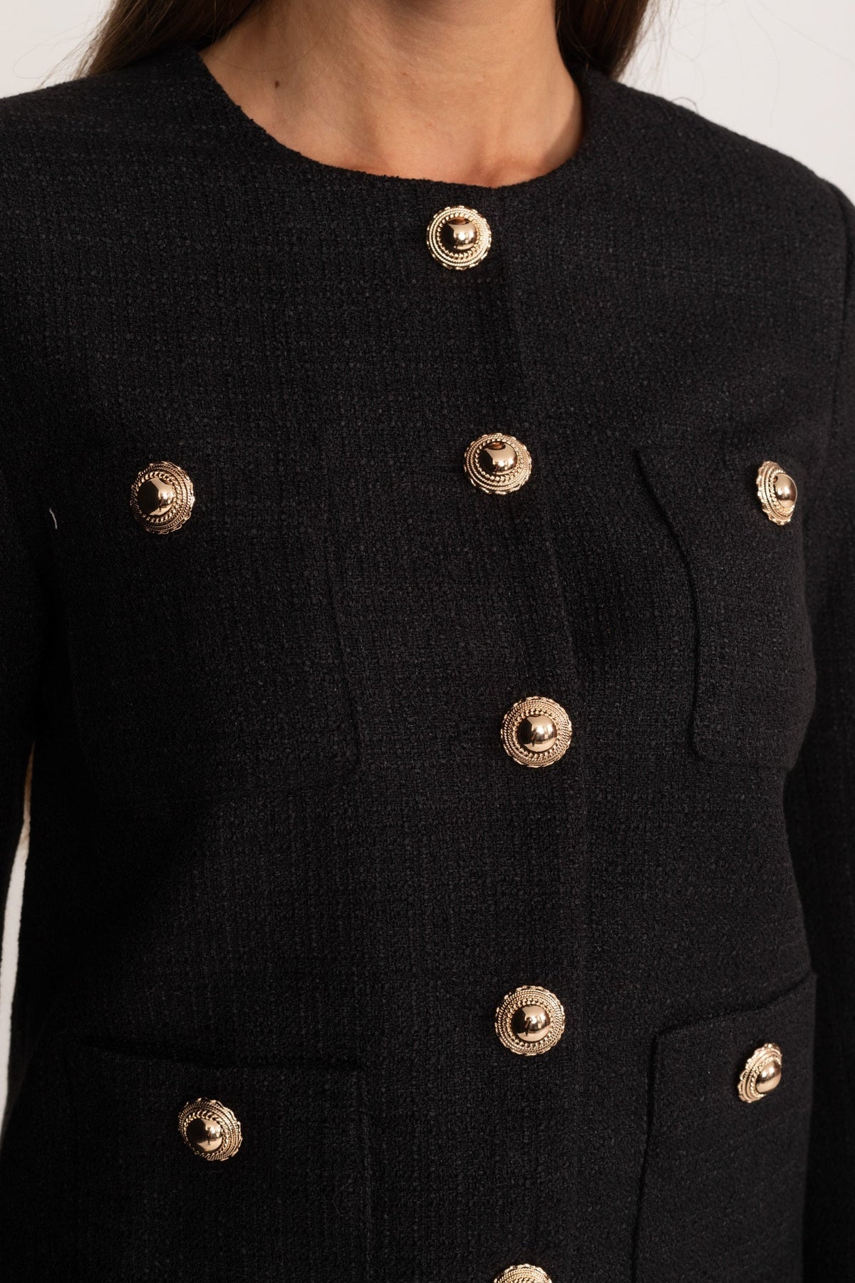 Round Neck Tweed Blazer with Faux Fur Cuffs and Gold Buttons – Black – view 6