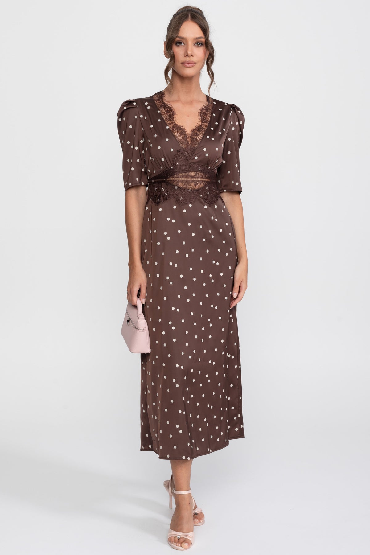 Satin Polka Dot Puff Sleeve Midi Dress with Lace Trim – Brown