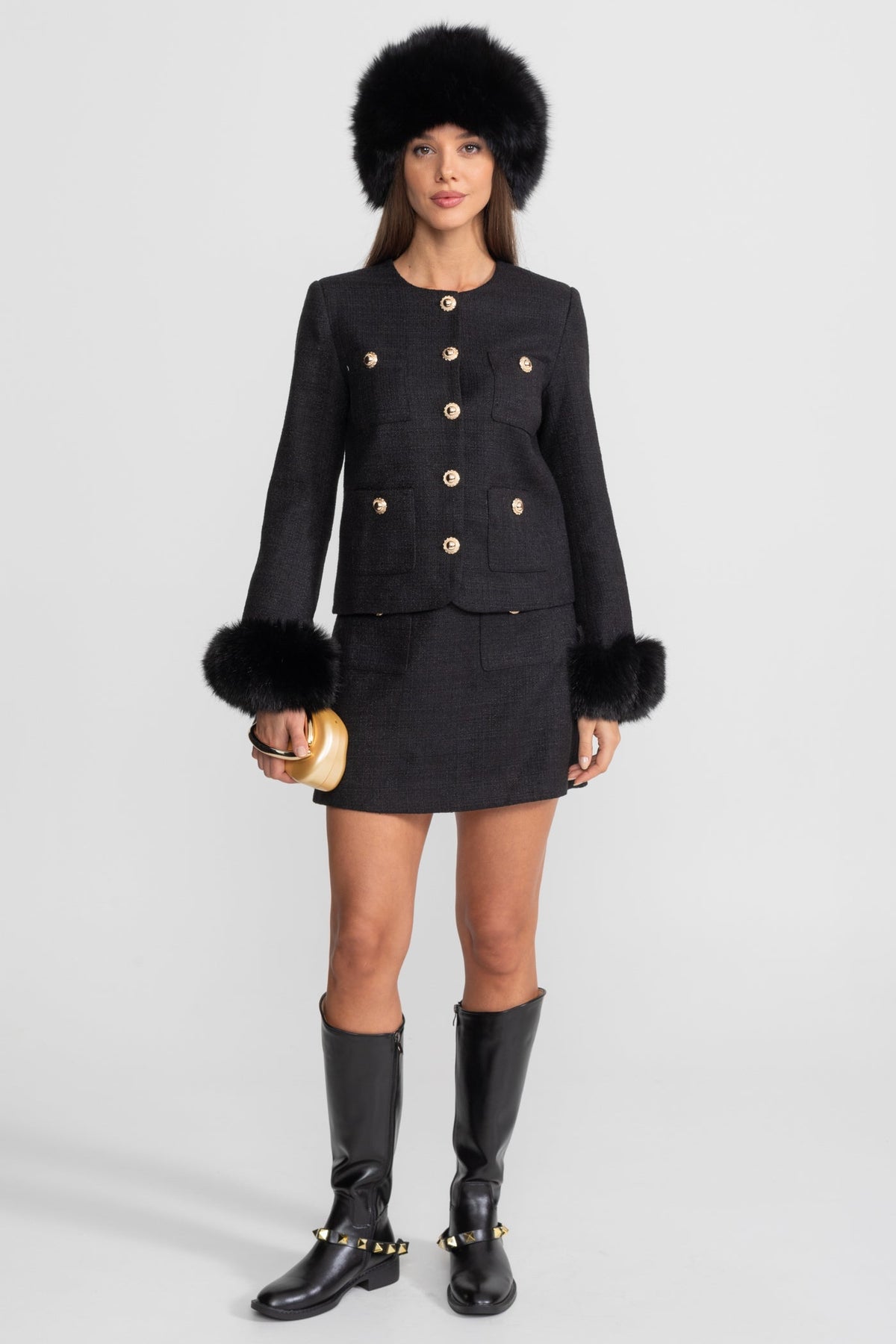 High Waisted A-Line Tweed Mini Skirt with Gold Buttons – Black – view 8