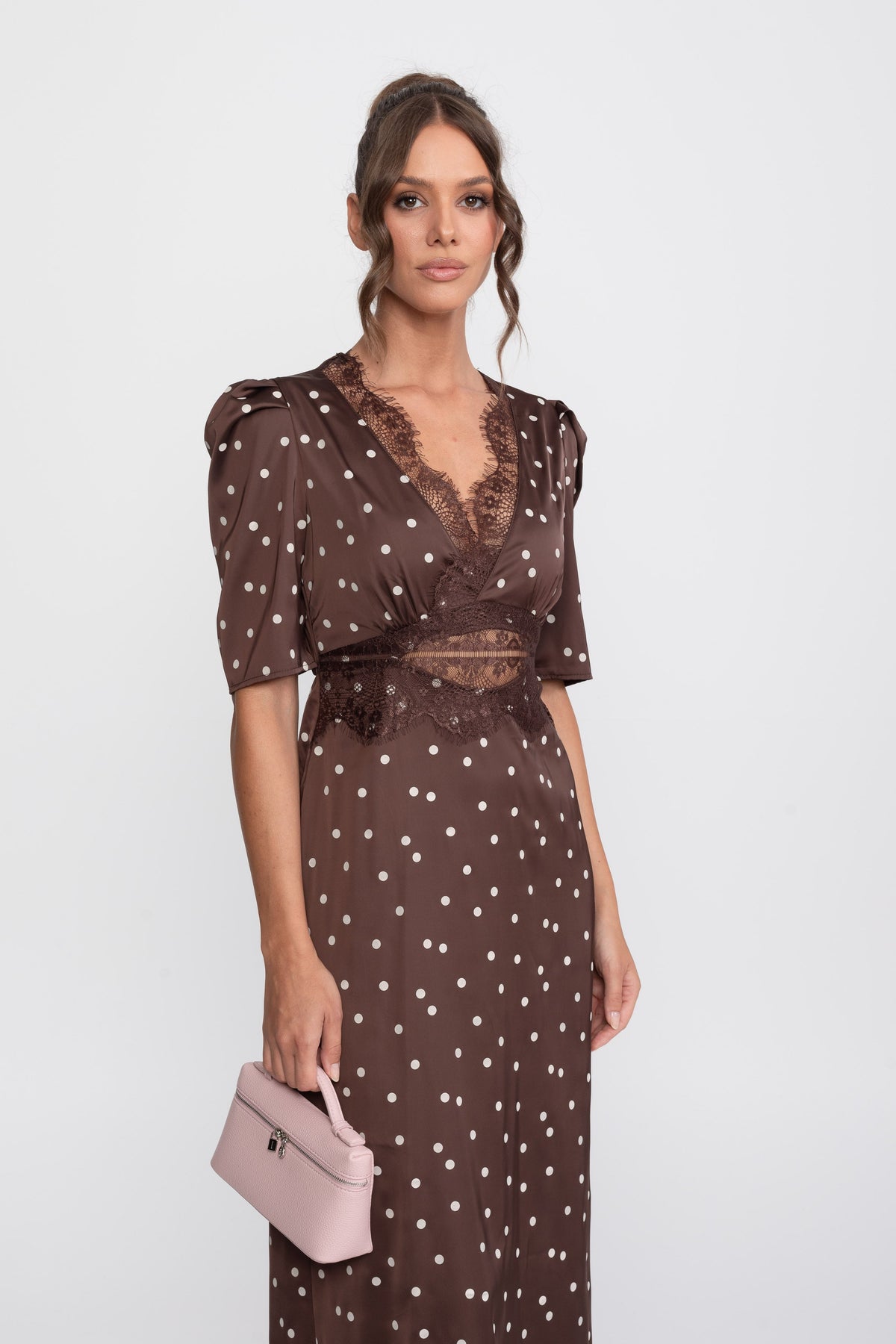 Satin Polka Dot Puff Sleeve Midi Dress with Lace Trim – Brown