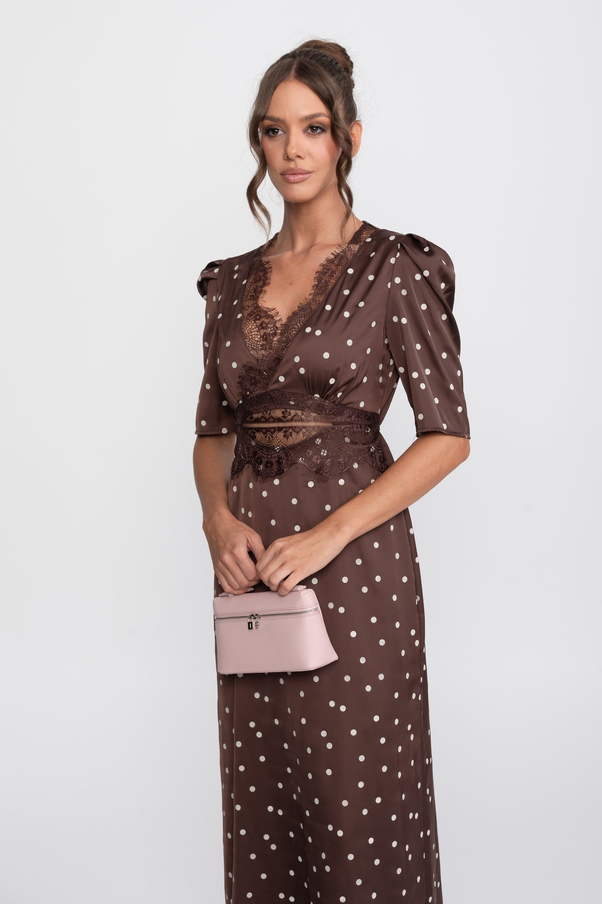 Satin Polka Dot Puff Sleeve Midi Dress with Lace Trim – Brown