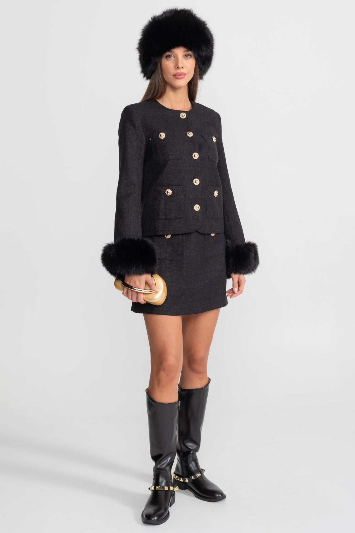 Round Neck Tweed Blazer with Faux Fur Cuffs and Gold Buttons – Black – view 4
