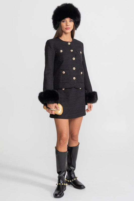 High Waisted A-Line Tweed Mini Skirt with Gold Buttons – Black