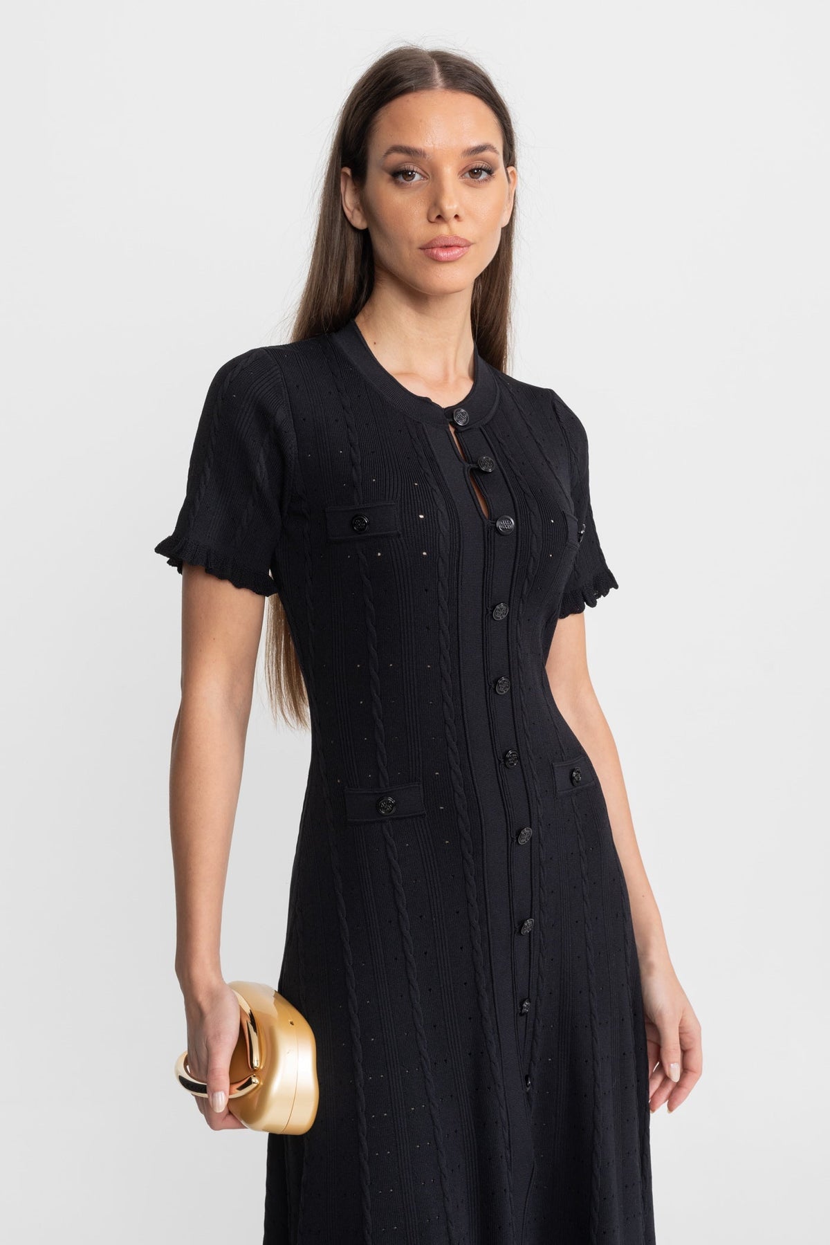 Knit Button-Front Midi Dress with Short Scalloped Sleeves – Black – view 3