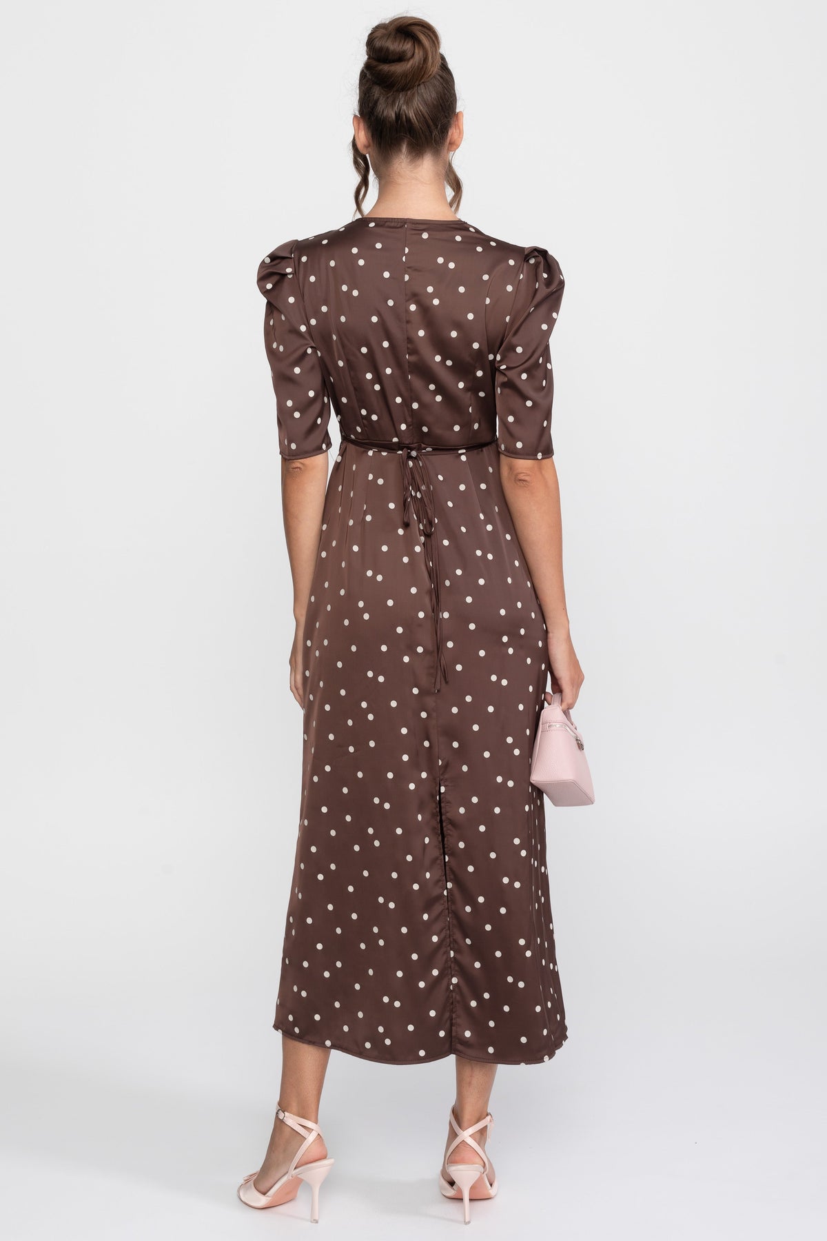 Satin Polka Dot Puff Sleeve Midi Dress with Lace Trim – Brown