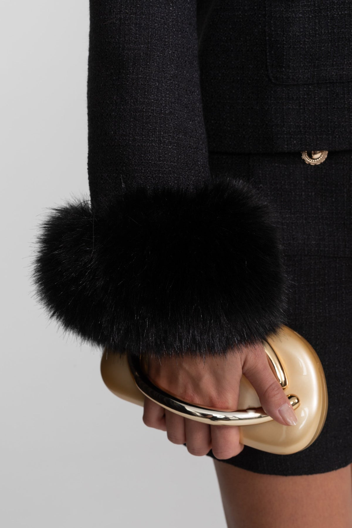 Round Neck Tweed Blazer with Faux Fur Cuffs and Gold Buttons – Black – view 7