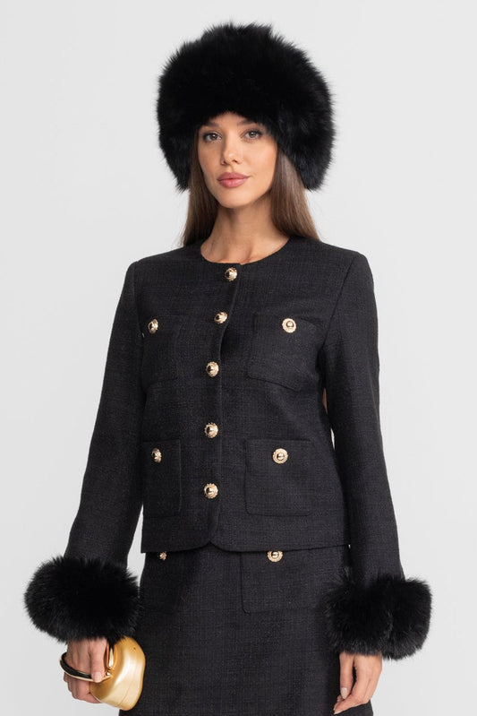 Round Neck Tweed Blazer with Faux Fur Cuffs and Gold Buttons – Black