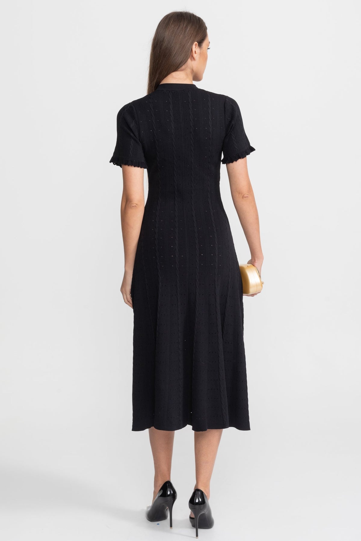 Knit Button-Front Midi Dress with Short Scalloped Sleeves – Black – view 5